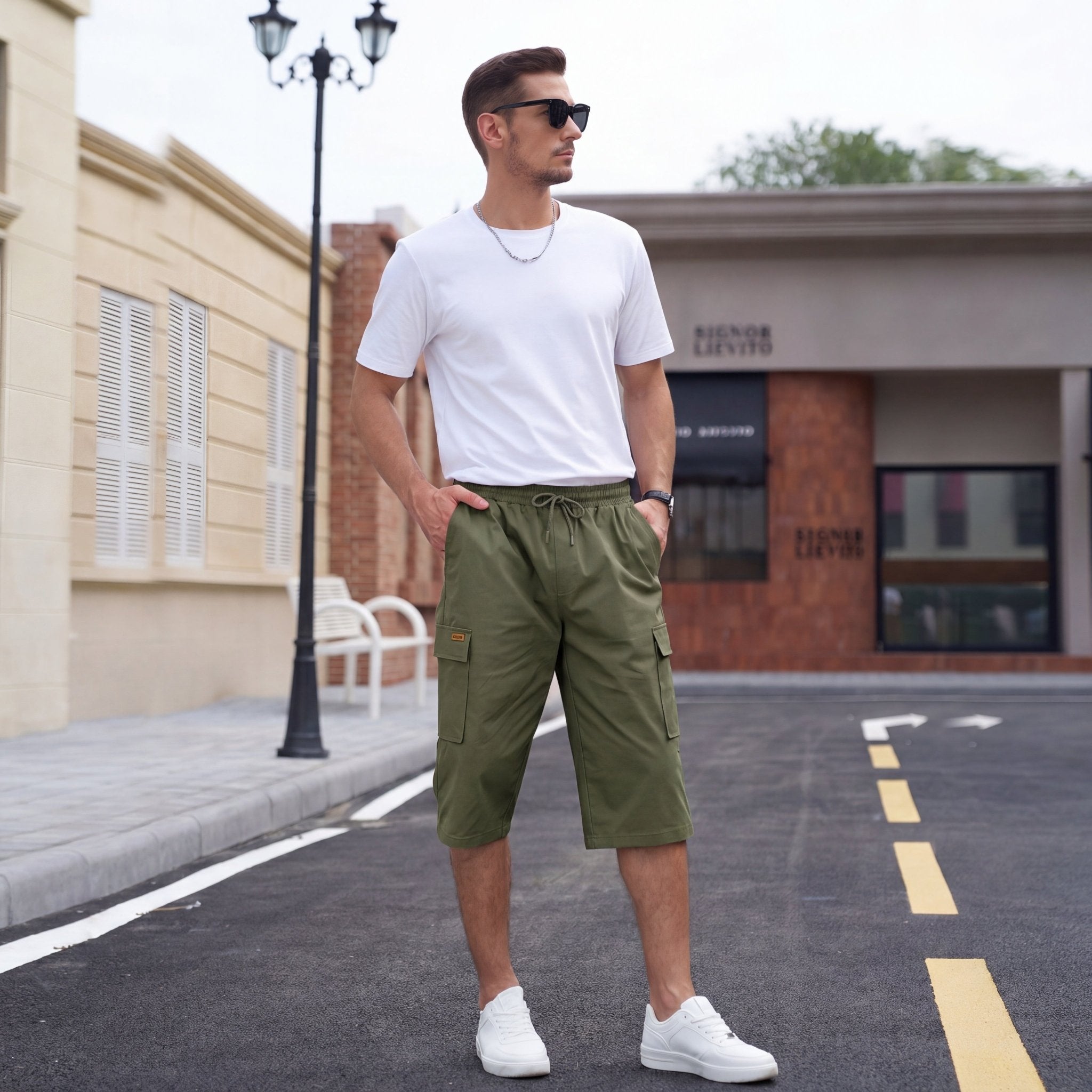 Men's Cotton Cargo Shorts - Below Knee Stretch Work Shorts Army Green by MAGCOMSEN