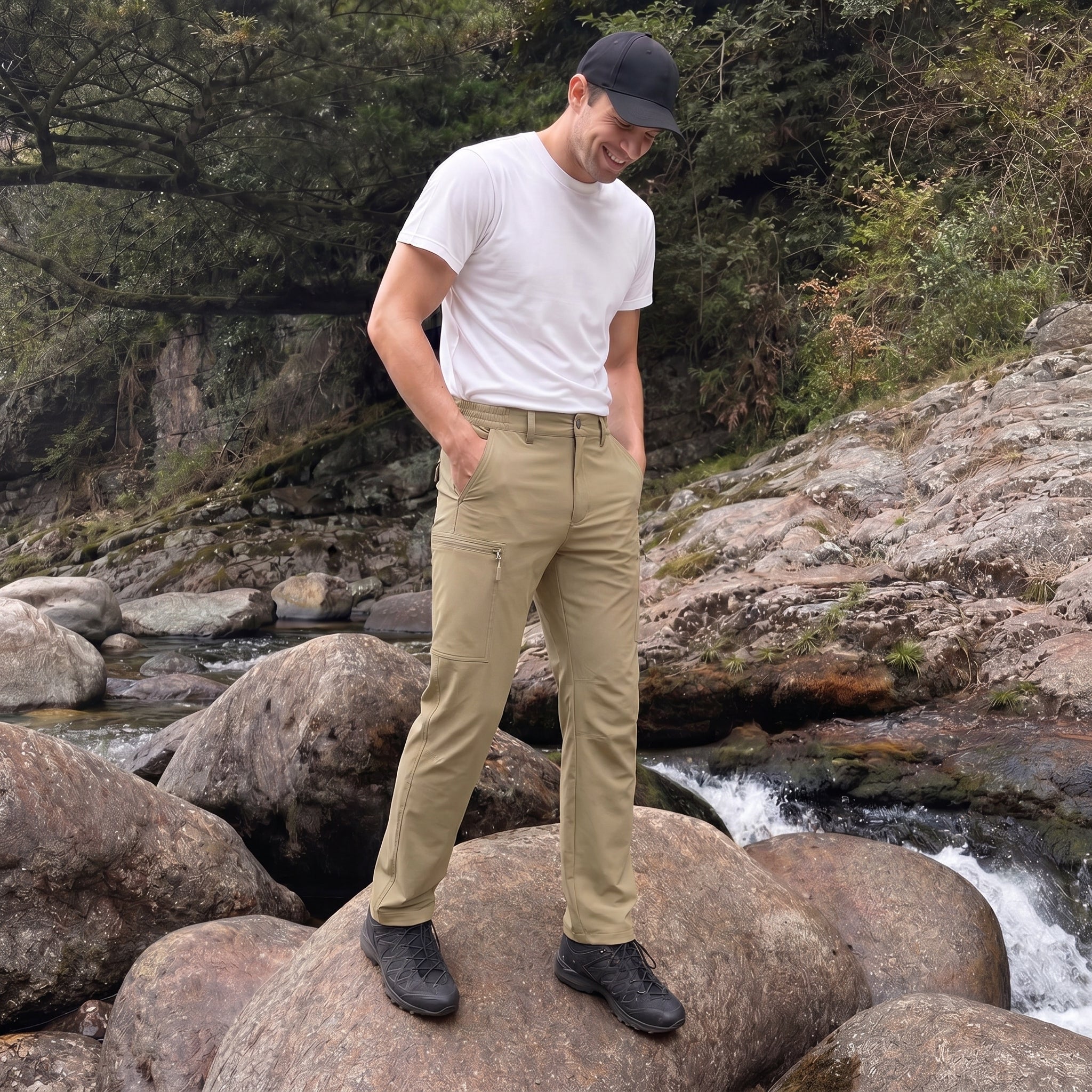 Men's Lightweight Ripstop Hiking Pants - Water Resistant 6 Pocket Cargo Pants Khaki by MAGCOMSEN