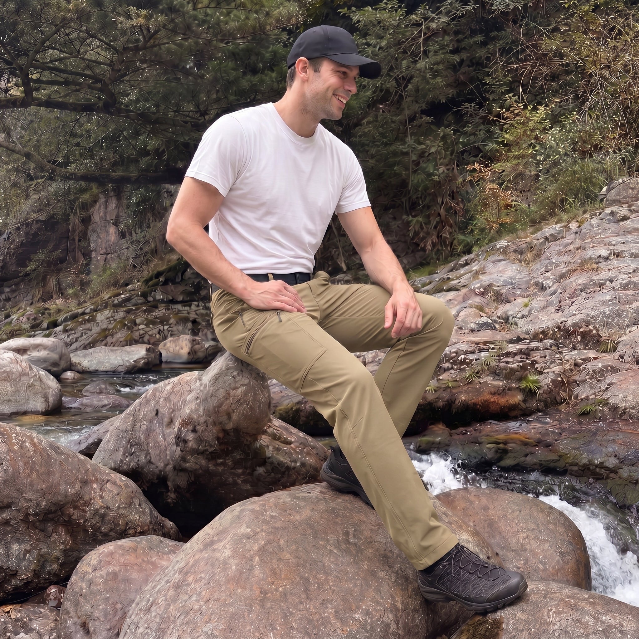 Men's Lightweight Ripstop Hiking Pants - Water Resistant 6 Pocket Cargo Pants Khaki by MAGCOMSEN