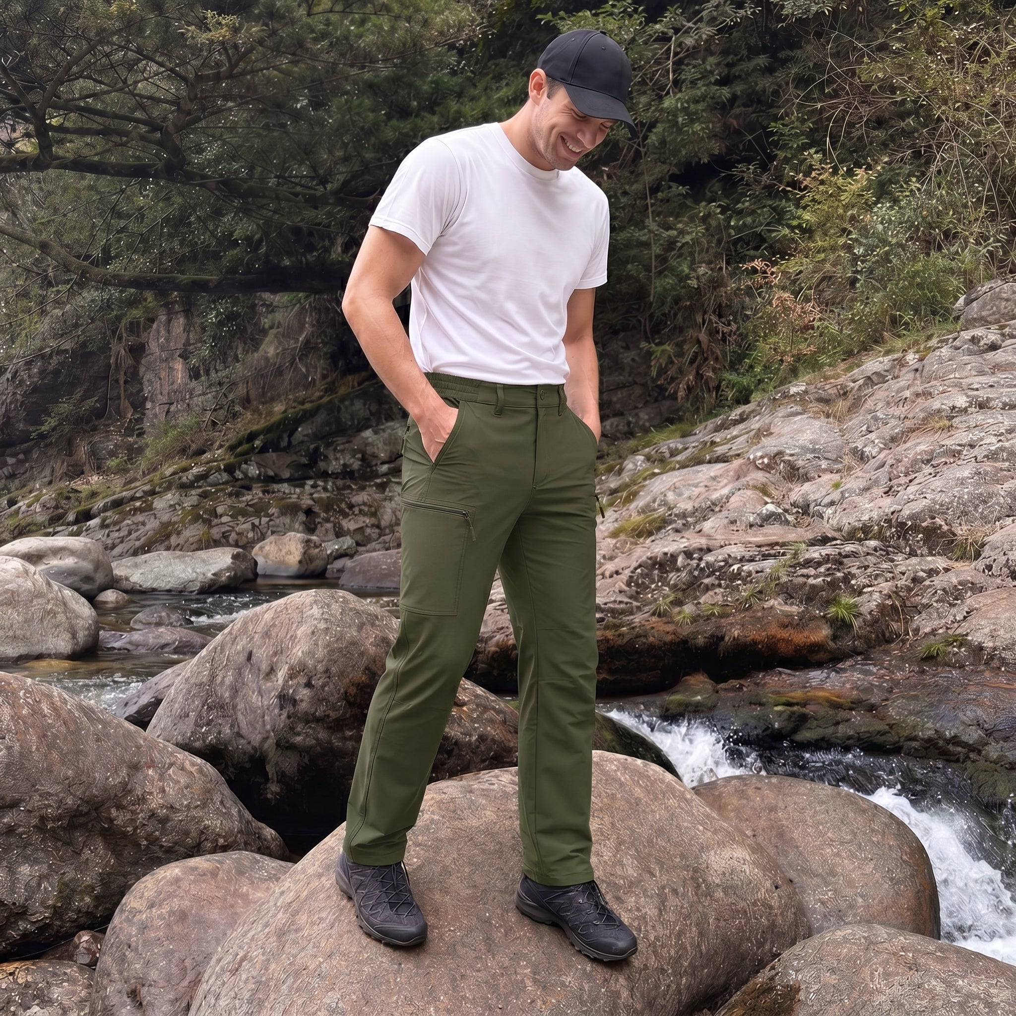 Men's Lightweight Ripstop Hiking Pants - Water Resistant 6 Pocket Cargo Pants Army Green by MAGCOMSEN