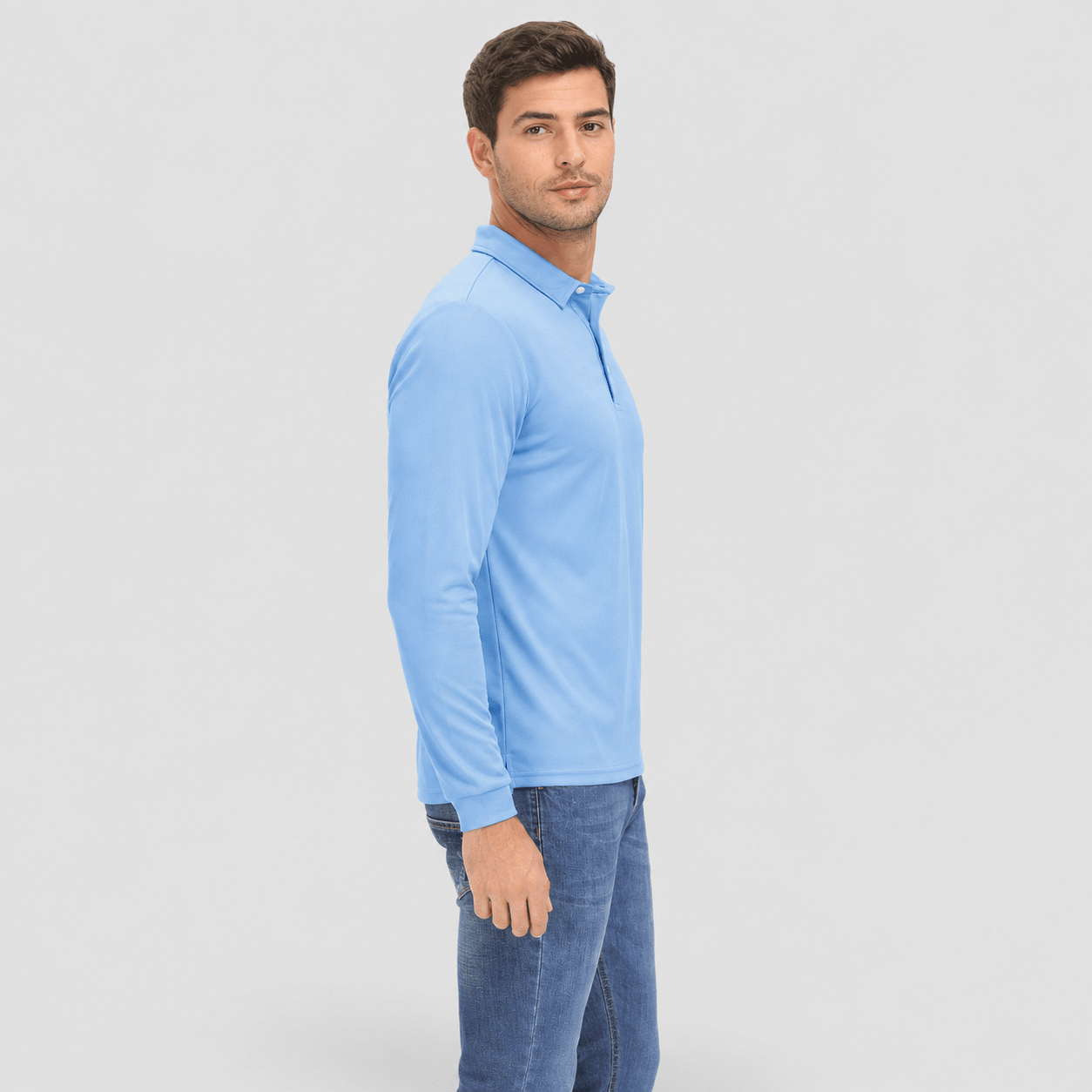 Men's Long Sleeve Quick-Dry Polo Shirt UPF Sun Protection Sky Blue by MAGCOMSEN
