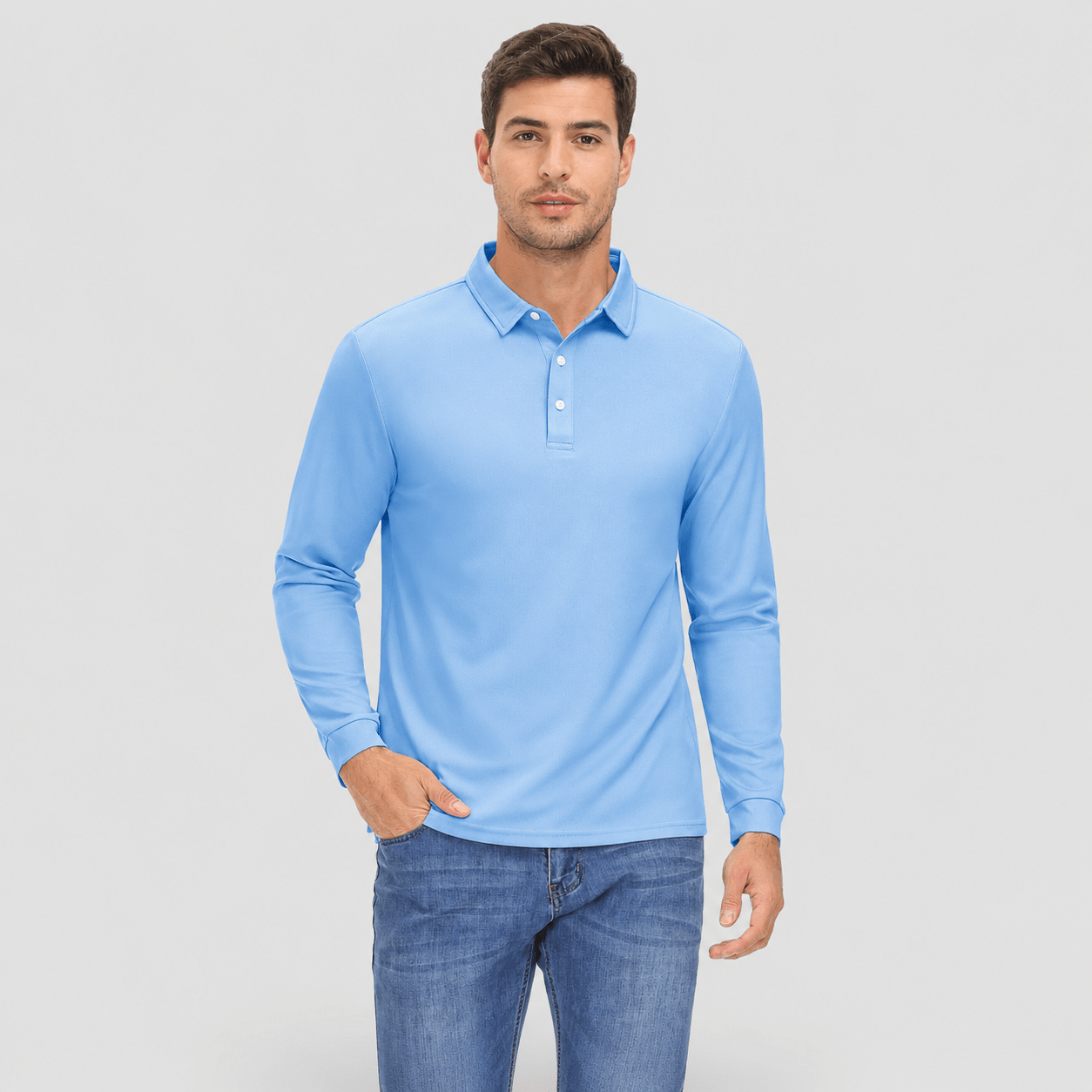 Men's Long Sleeve Quick-Dry Polo Shirt UPF Sun Protection Sky Blue by MAGCOMSEN