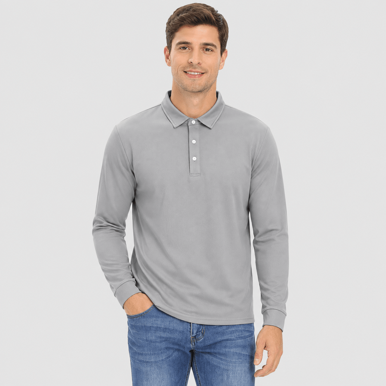 Men's Long Sleeve Quick-Dry Polo Shirt UPF Sun Protection Light Grey by MAGCOMSEN