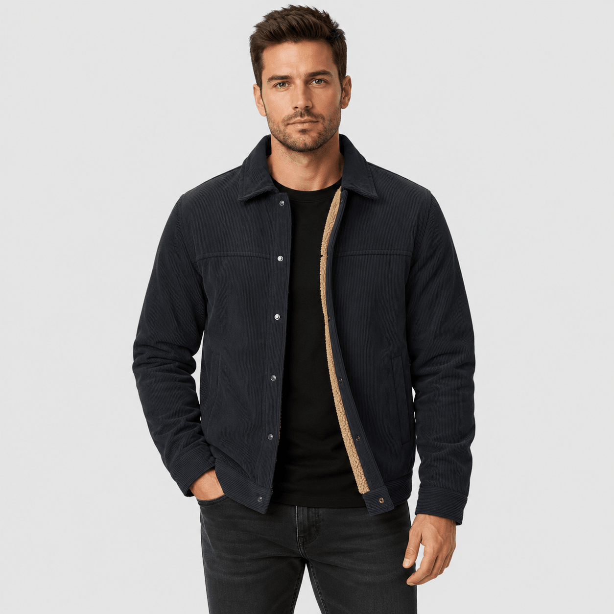 Men's Sherpa-Lined Corduroy Winter Jacket Black by MAGCOMSEN