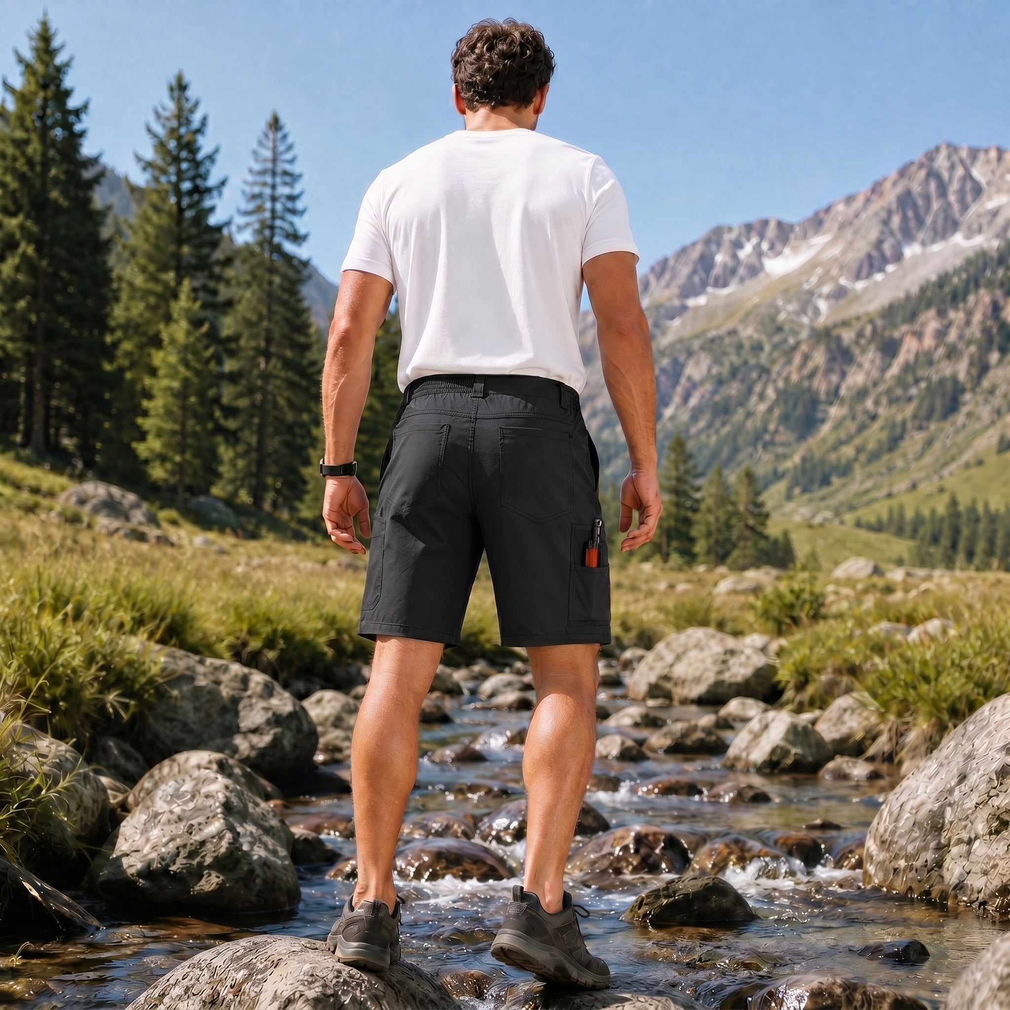Men's Stretch Cotton Cargo Shorts - Below Knee Utility Work Shorts Black by MAGCOMSEN