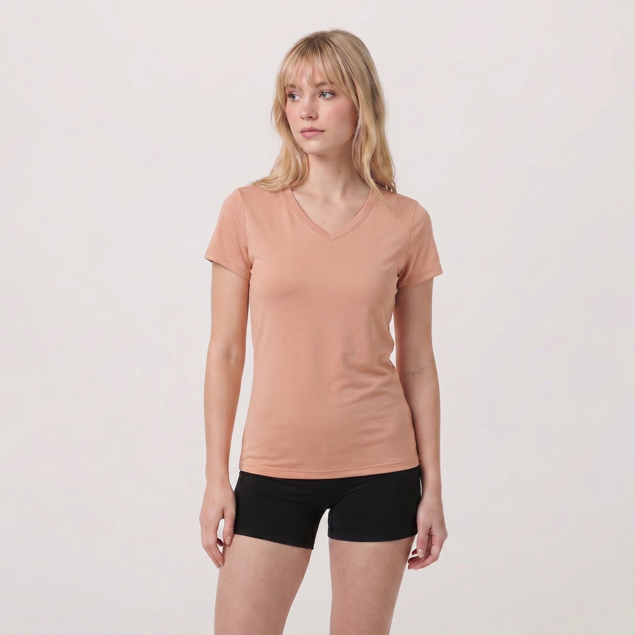 Apricot MAGCOMSEN Women UPF 50 Plus V Neck Workout Top - Cooling Quick Dry Hiking Shirt in #Color_Apricot