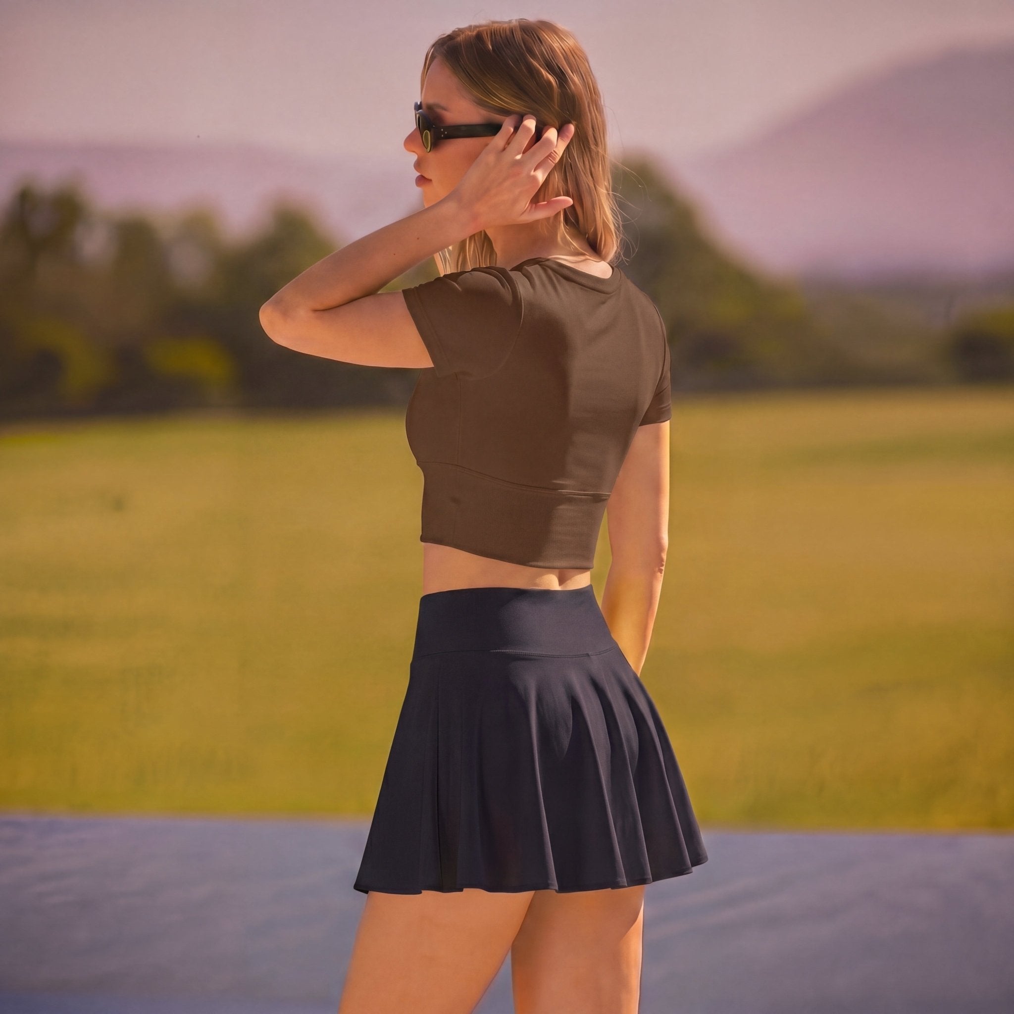 Women's 2 Piece Tennis Set - Slim Fit Crop Top & High Waisted Skort Brown & Black by MAGCOMSEN