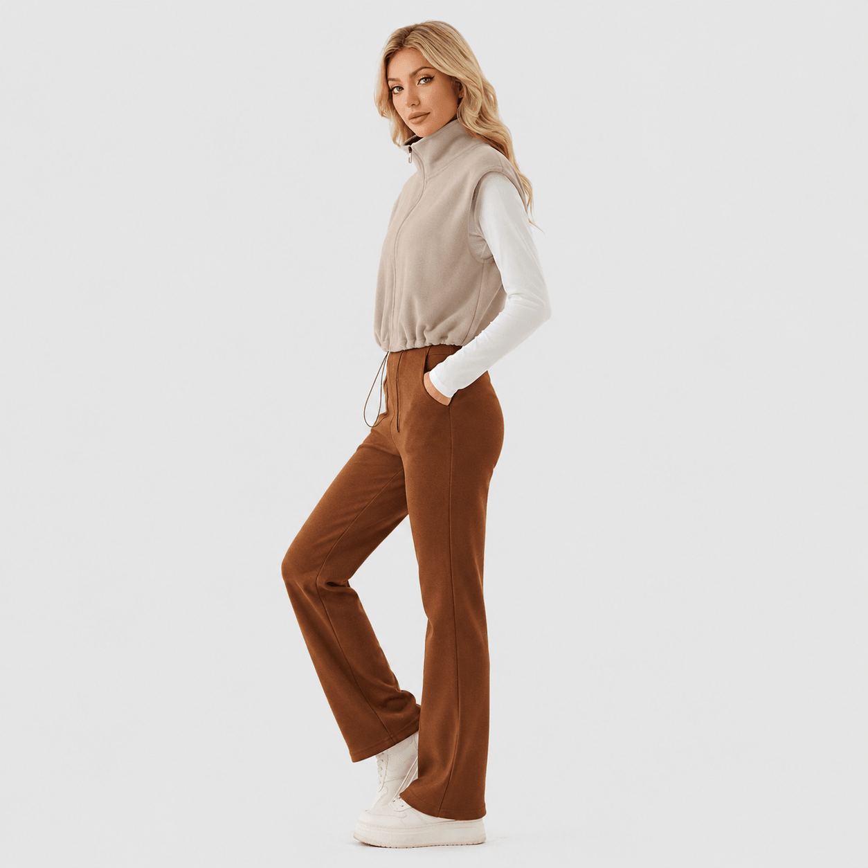 Khaki MAGCOMSEN Women's Cozy Fleece Vest - Sleeveless Layering Jacket in #Color_Khaki