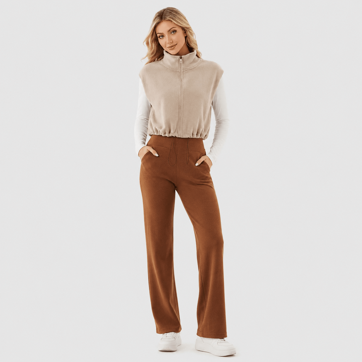 Khaki MAGCOMSEN Women's Cozy Fleece Vest - Sleeveless Layering Jacket in #Color_Khaki