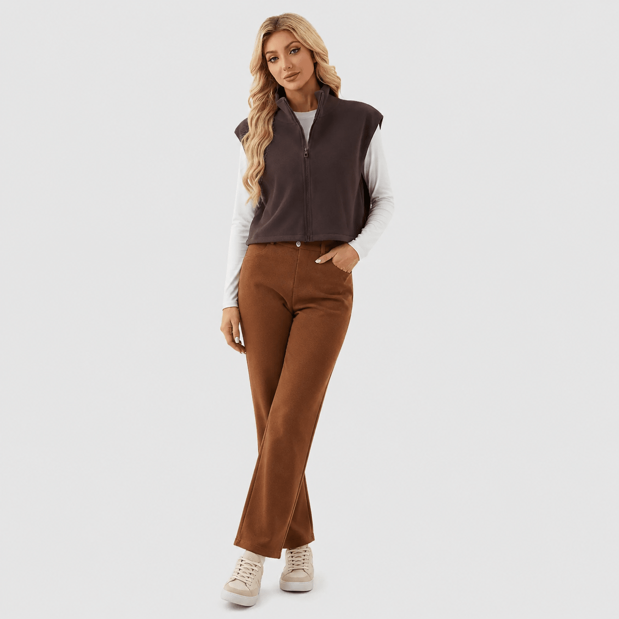 Brown MAGCOMSEN Women's Cozy Fleece Vest - Sleeveless Layering Jacket in #Color_Brown