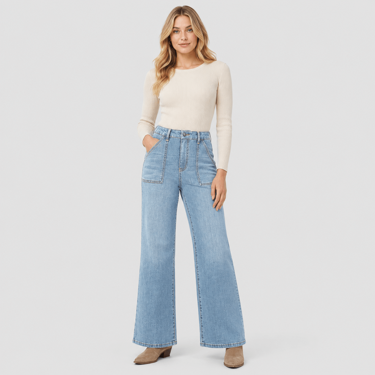 Women's High Waisted Straight Leg Jeans - Stretch Wide Leg Denim Pants Aqua Blue by MAGCOMSEN