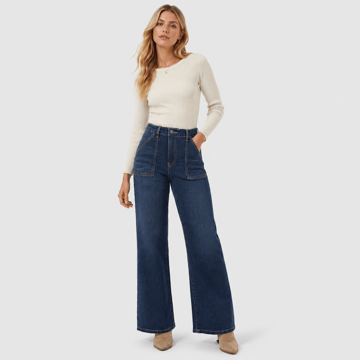 Women's High Waisted Straight Leg Jeans - Stretch Wide Leg Denim Pants Medium Blue by MAGCOMSEN