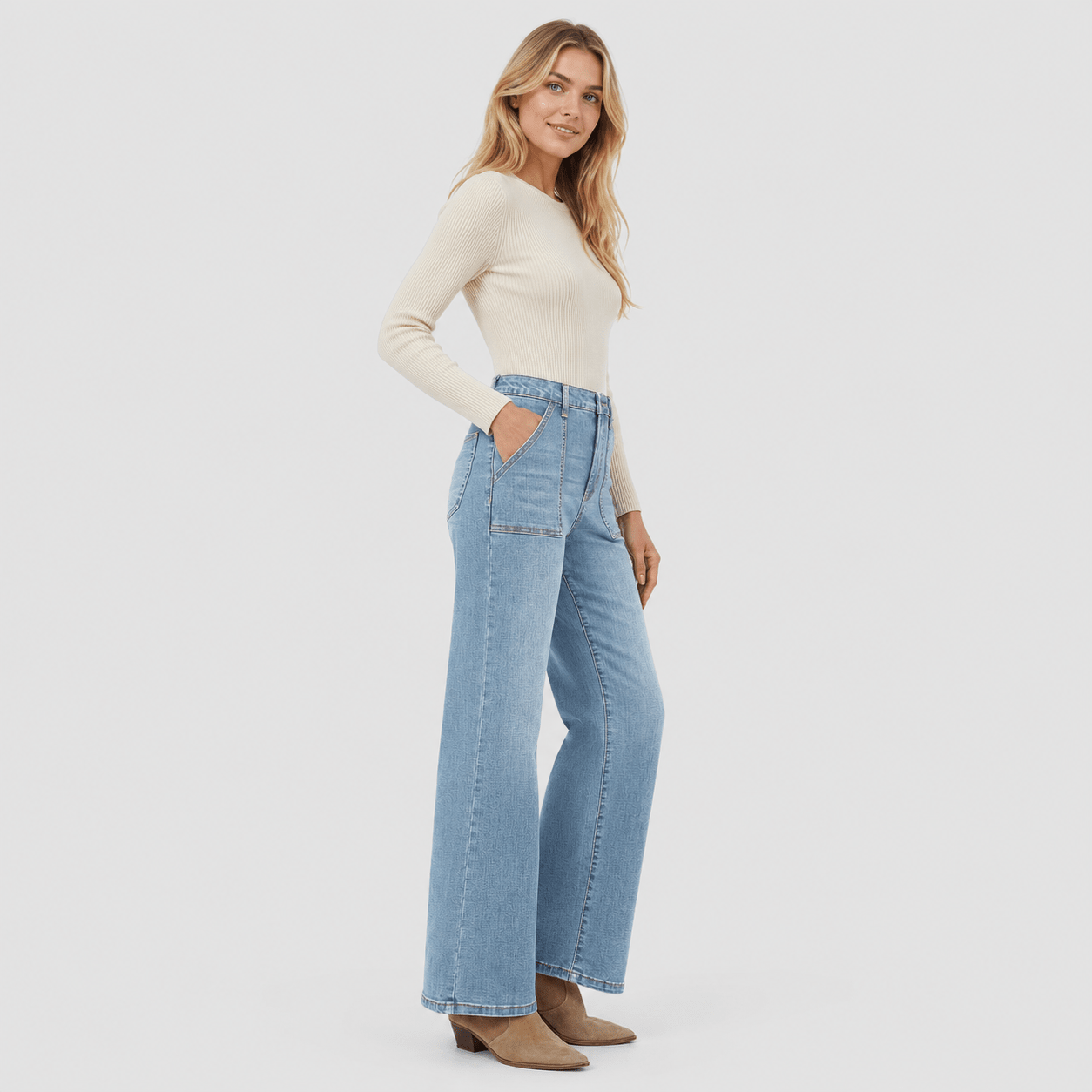 Women's High Waisted Straight Leg Jeans - Stretch Wide Leg Denim Pants Aqua Blue by MAGCOMSEN