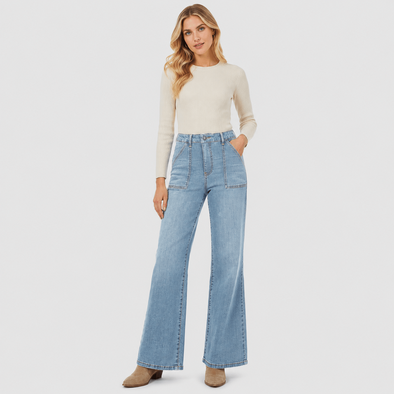 Women's High Waisted Straight Leg Jeans - Stretch Wide Leg Denim Pants Aqua Blue by MAGCOMSEN
