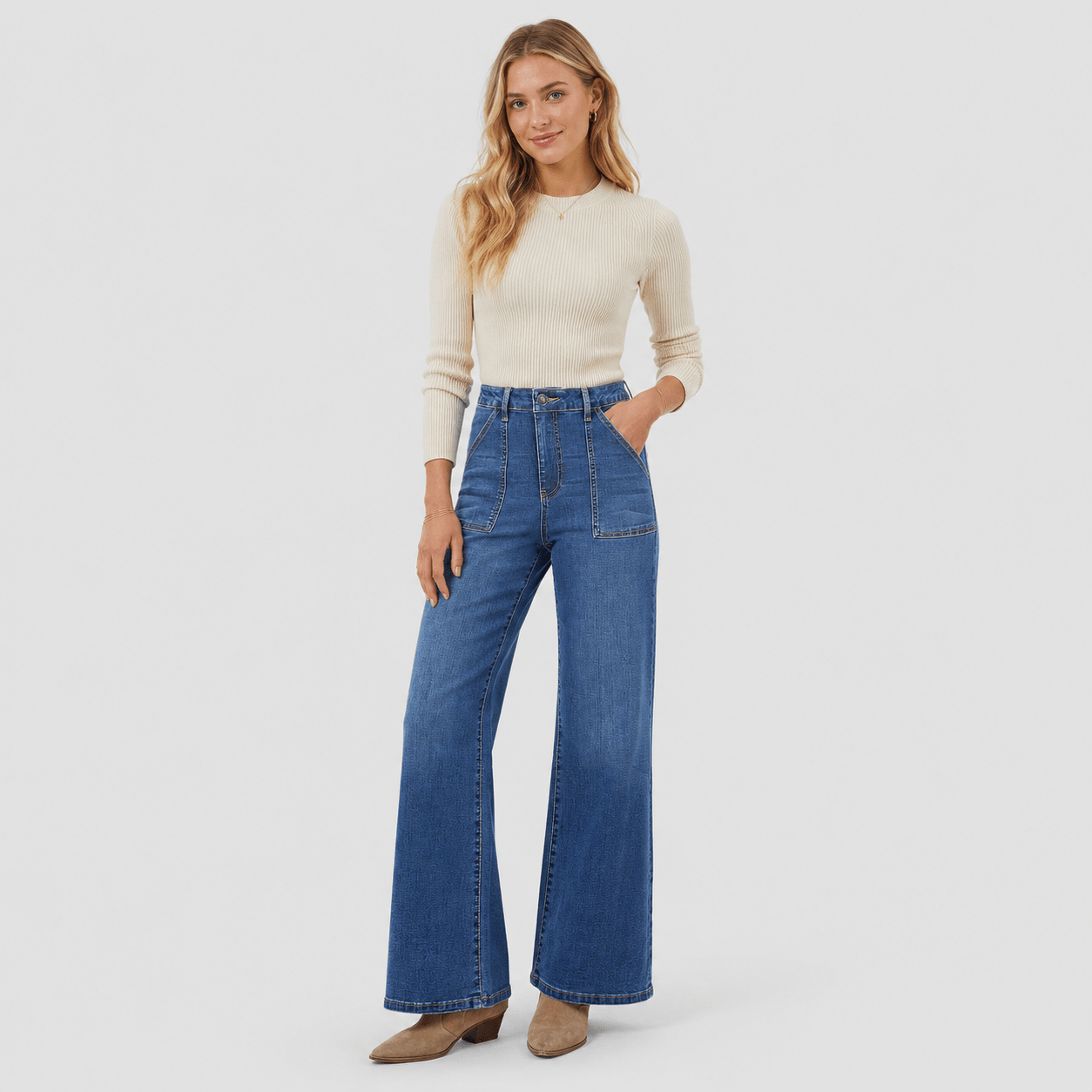 Women's High Waisted Straight Leg Jeans - Stretch Wide Leg Denim Pants Dark Blue by MAGCOMSEN