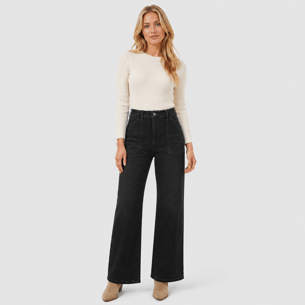 Women's High Waisted Straight Leg Jeans - Stretch Wide Leg Denim Pants Black by MAGCOMSEN