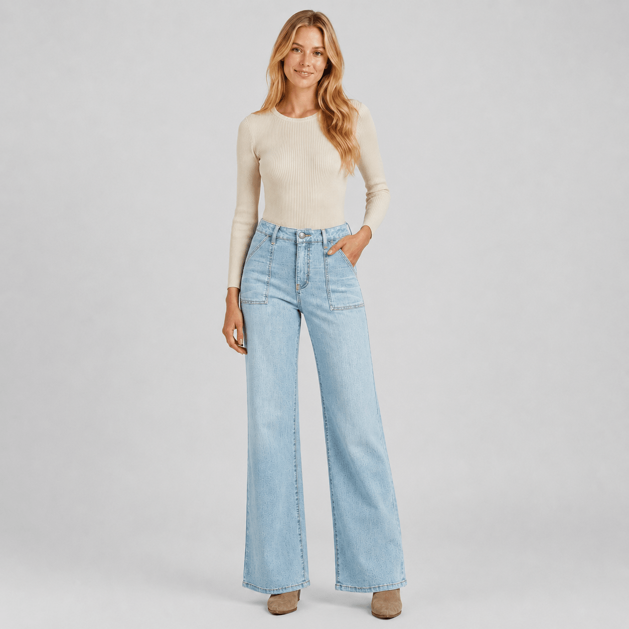 Women's High Waisted Straight Leg Jeans - Stretch Wide Leg Denim Pants Light Blue by MAGCOMSEN