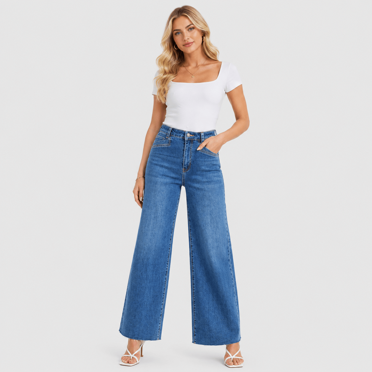 Women's High Waisted Wide Leg Jeans - Stretch Denim Pants with Raw Hem Aqua Blue by MAGCOMSEN