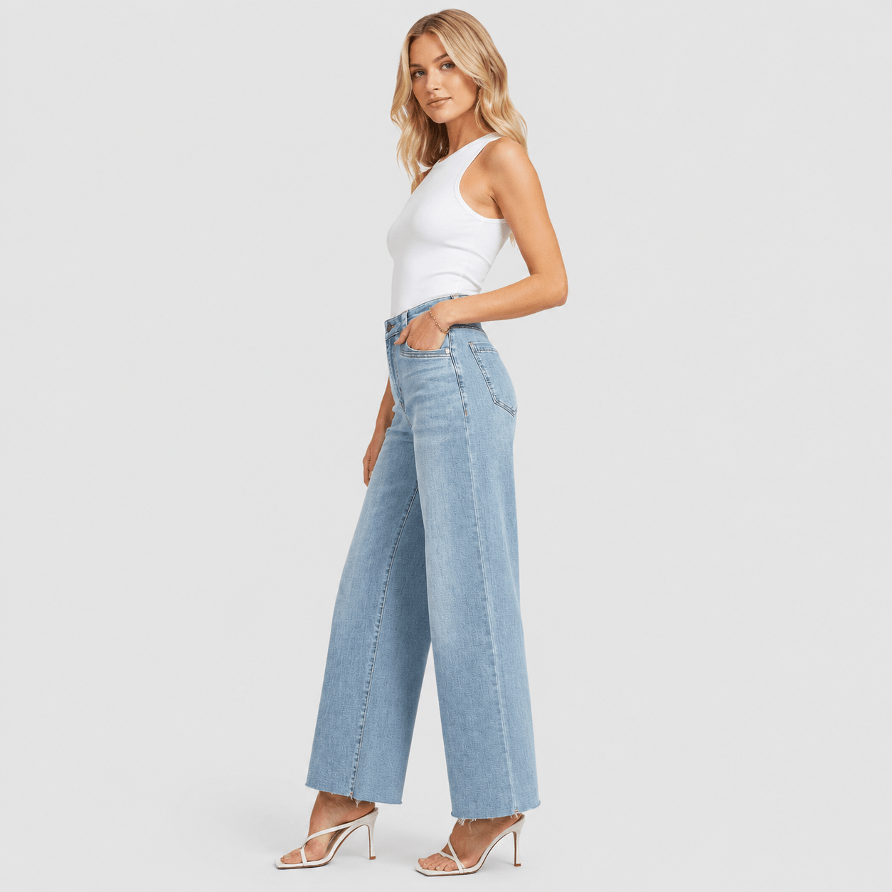 Women's High Waisted Wide Leg Jeans - Stretch Denim Pants with Raw Hem Medium Blue by MAGCOMSEN