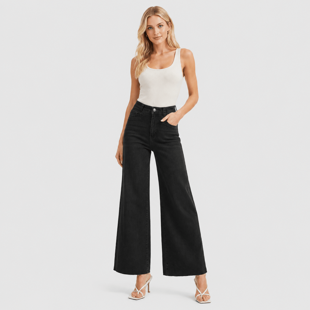 Women's High Waisted Wide Leg Jeans - Stretch Denim Pants with Raw Hem Light Blue by MAGCOMSEN