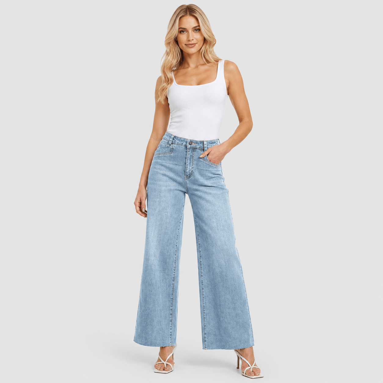 Women's High Waisted Wide Leg Jeans - Stretch Denim Pants with Raw Hem Medium Blue by MAGCOMSEN