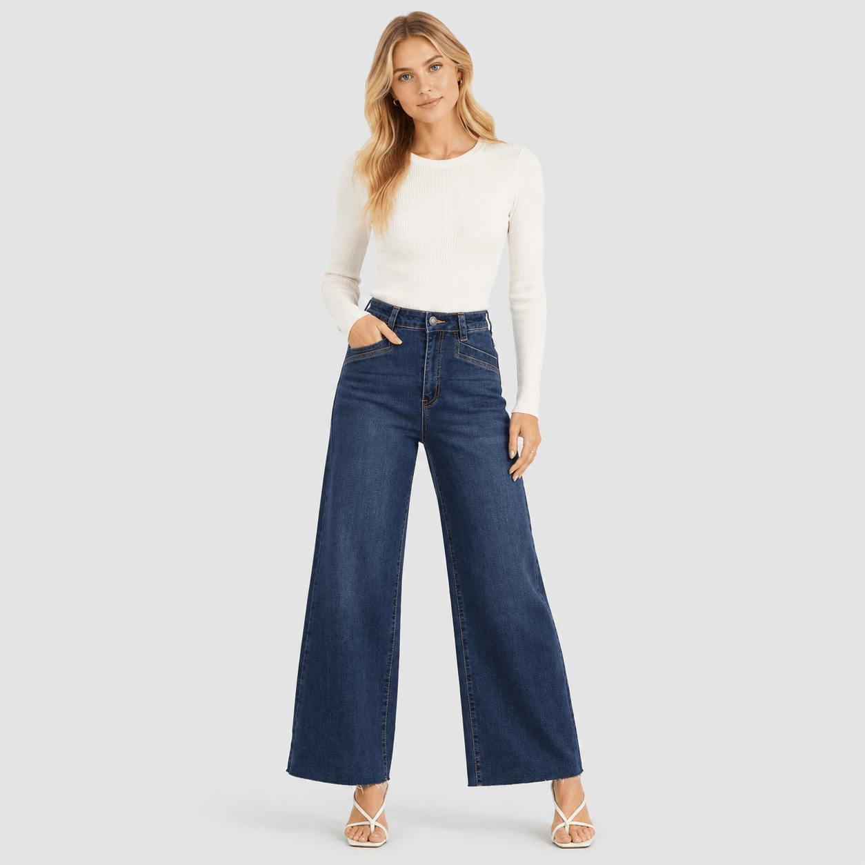 Women's High Waisted Wide Leg Jeans - Stretch Denim Pants with Raw Hem Medium Blue by MAGCOMSEN