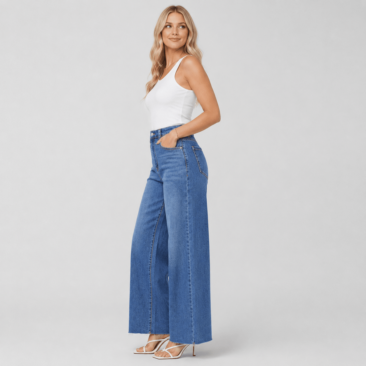Women's High Waisted Wide Leg Jeans - Stretch Denim Pants with Raw Hem Aqua Blue by MAGCOMSEN
