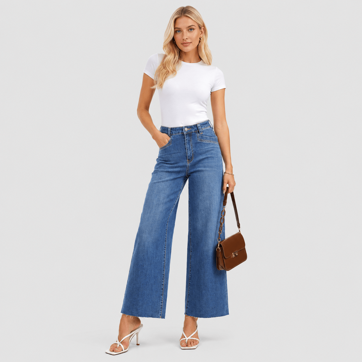 Women's High Waisted Wide Leg Jeans - Stretch Denim Pants with Raw Hem Aqua Blue by MAGCOMSEN