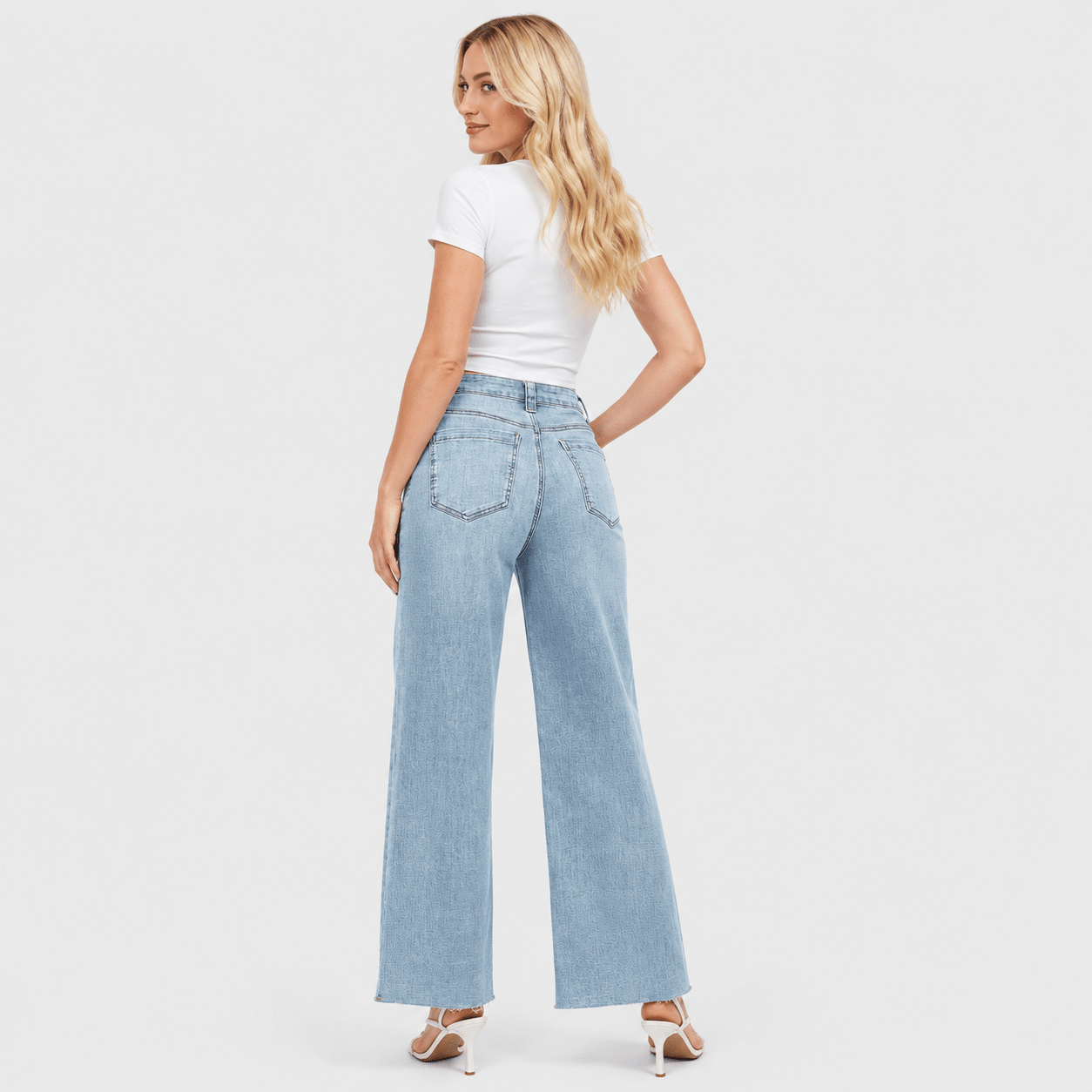 Women's High Waisted Wide Leg Jeans - Stretch Denim Pants with Raw Hem Medium Blue by MAGCOMSEN