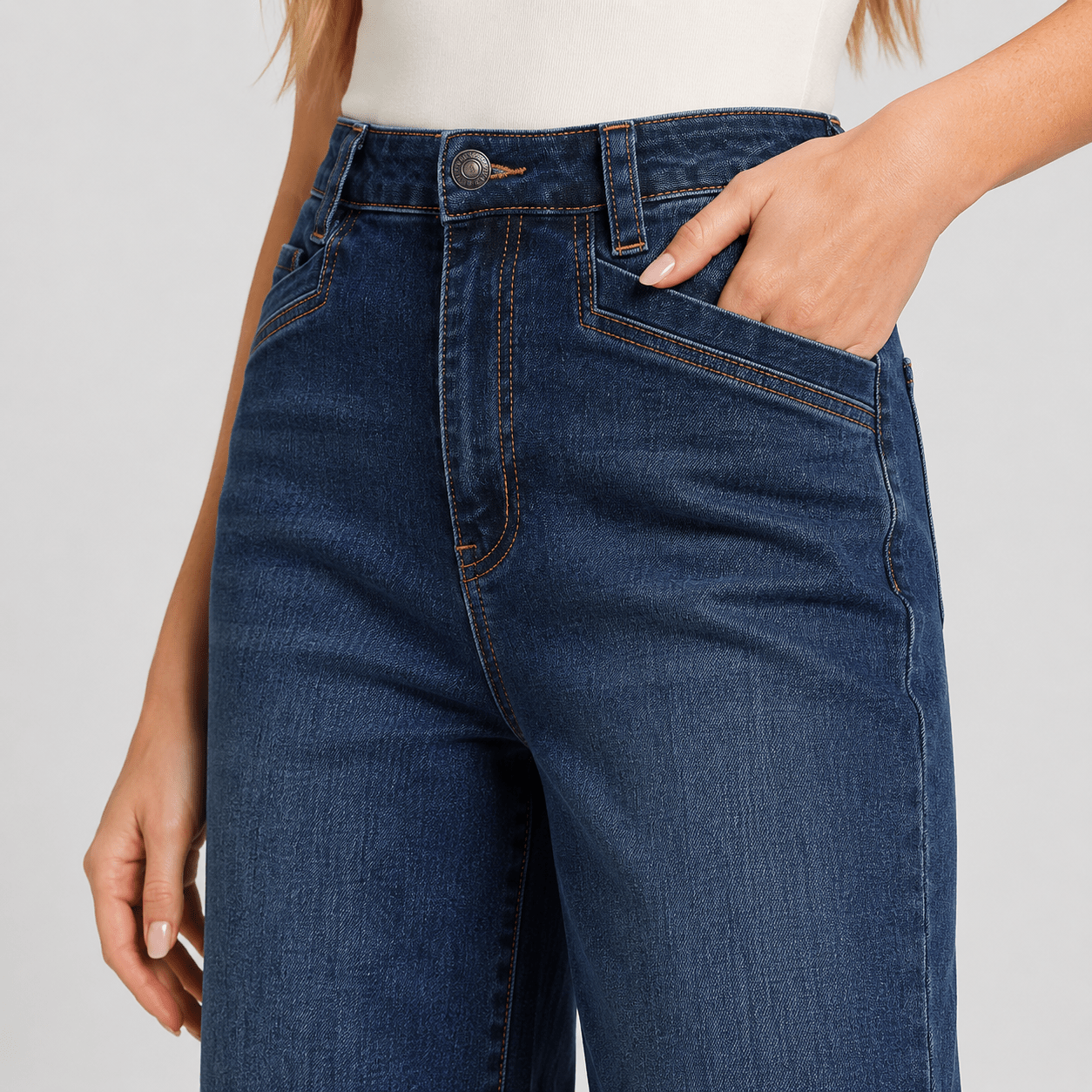 Women's High Waisted Wide Leg Jeans - Stretch Denim Pants with Raw Hem Medium Blue by MAGCOMSEN
