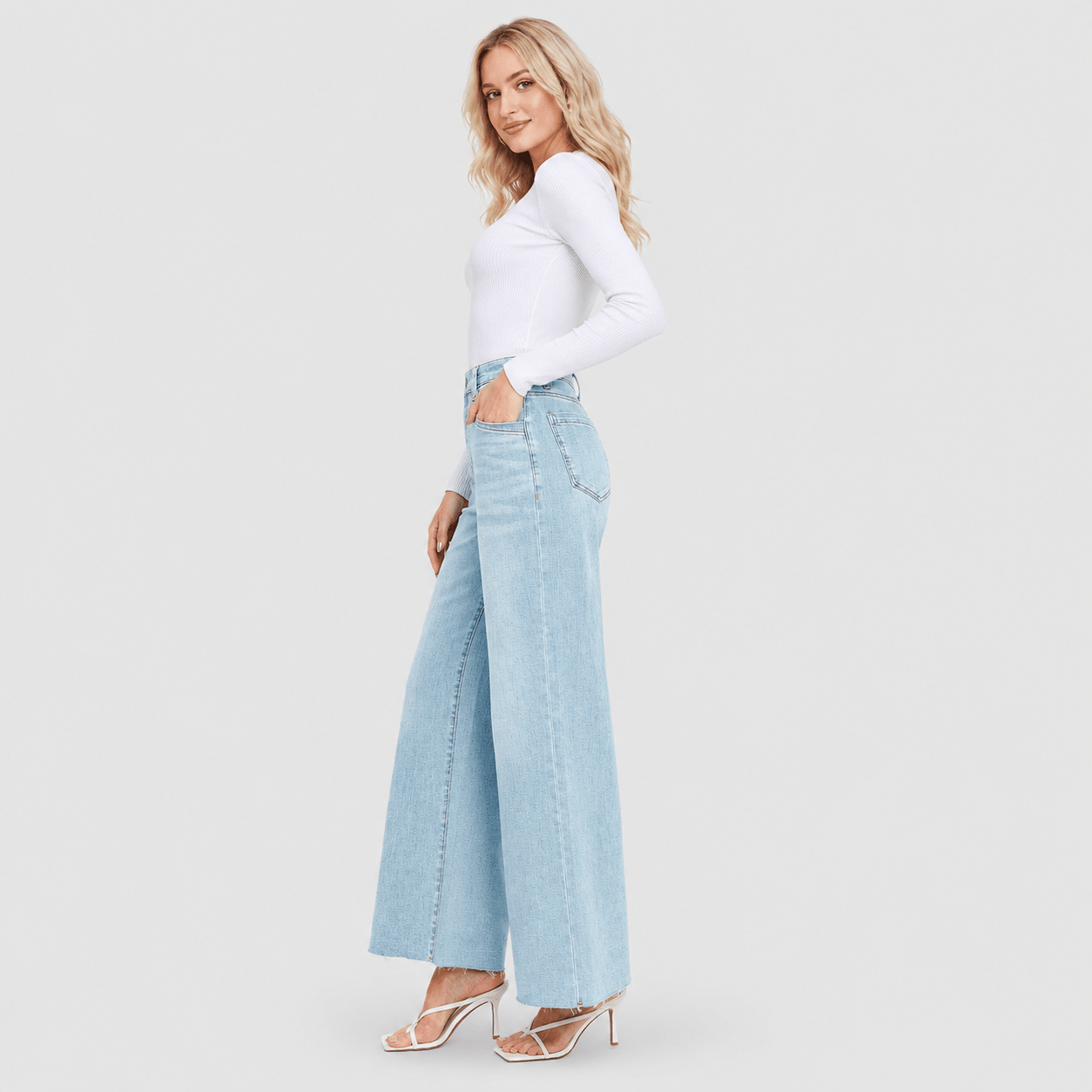 Women's High Waisted Wide Leg Jeans - Stretch Denim Pants with Raw Hem Light Blue by MAGCOMSEN