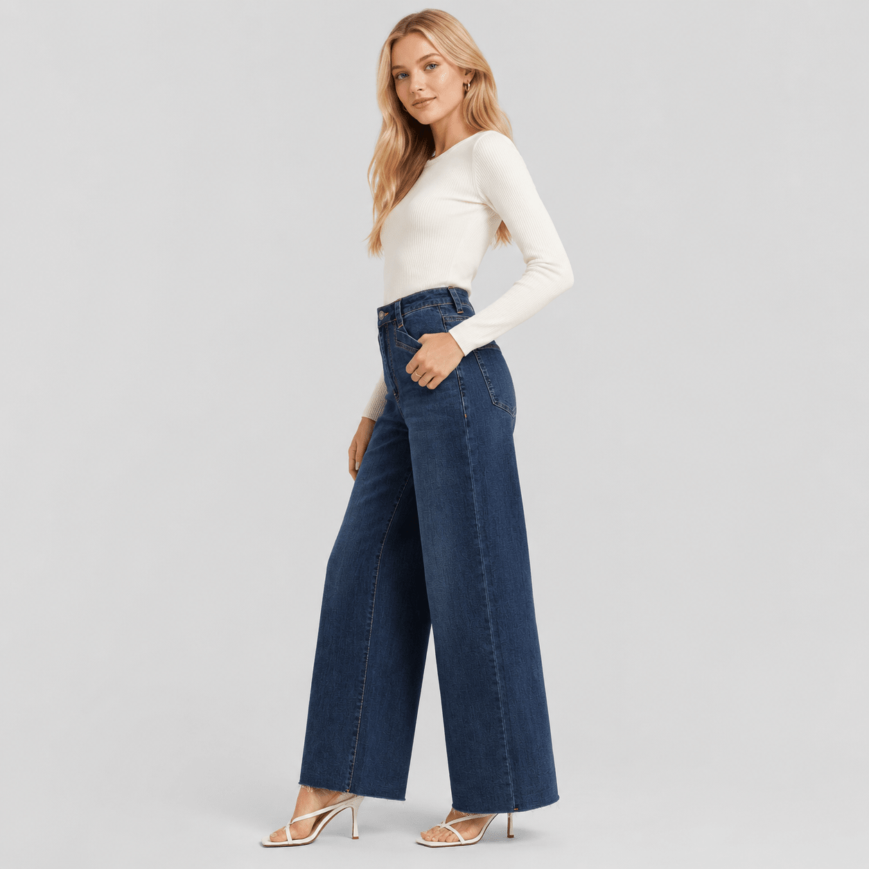 Women's High Waisted Wide Leg Jeans - Stretch Denim Pants with Raw Hem Medium Blue by MAGCOMSEN