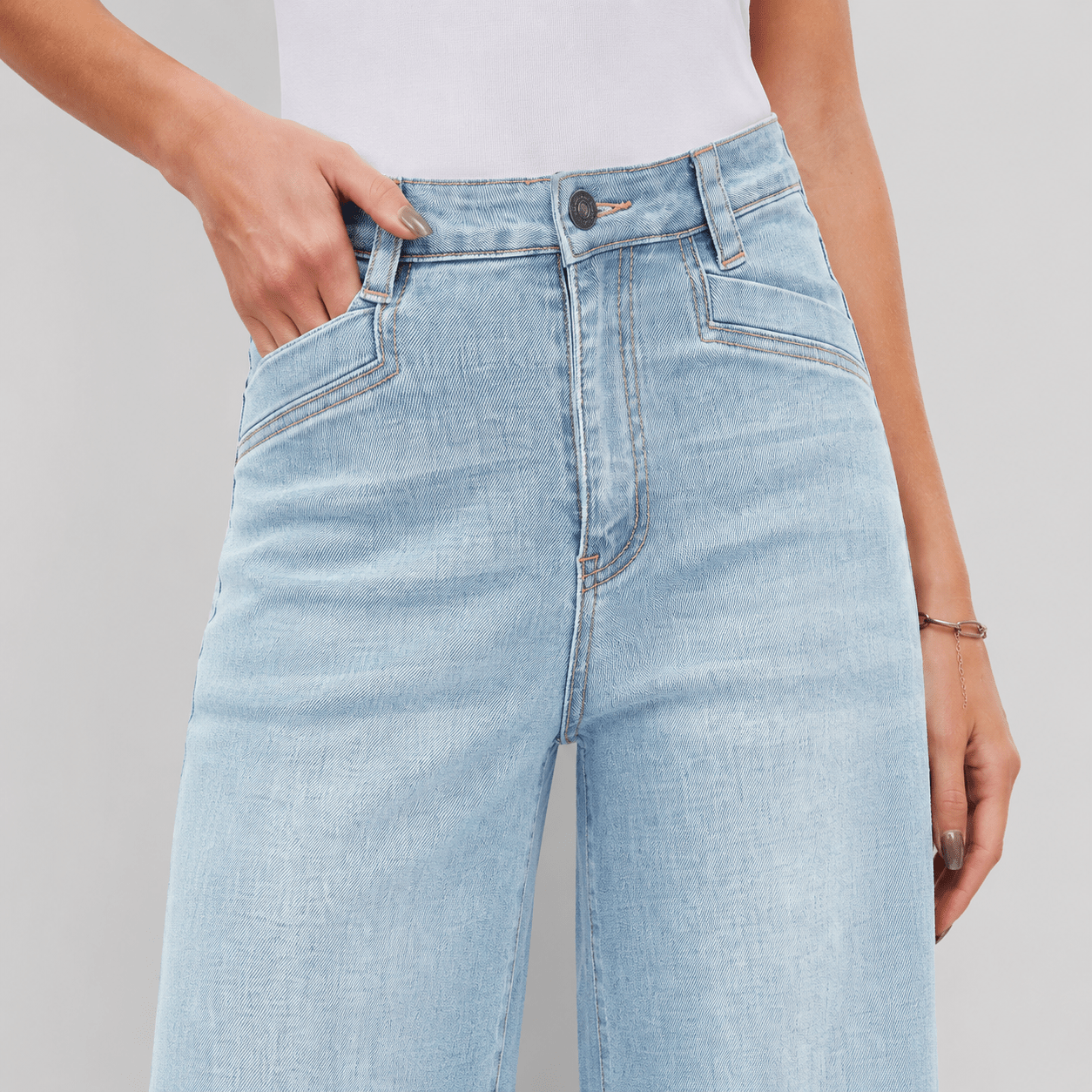 Women's High Waisted Wide Leg Jeans - Stretch Denim Pants with Raw Hem Medium Blue by MAGCOMSEN