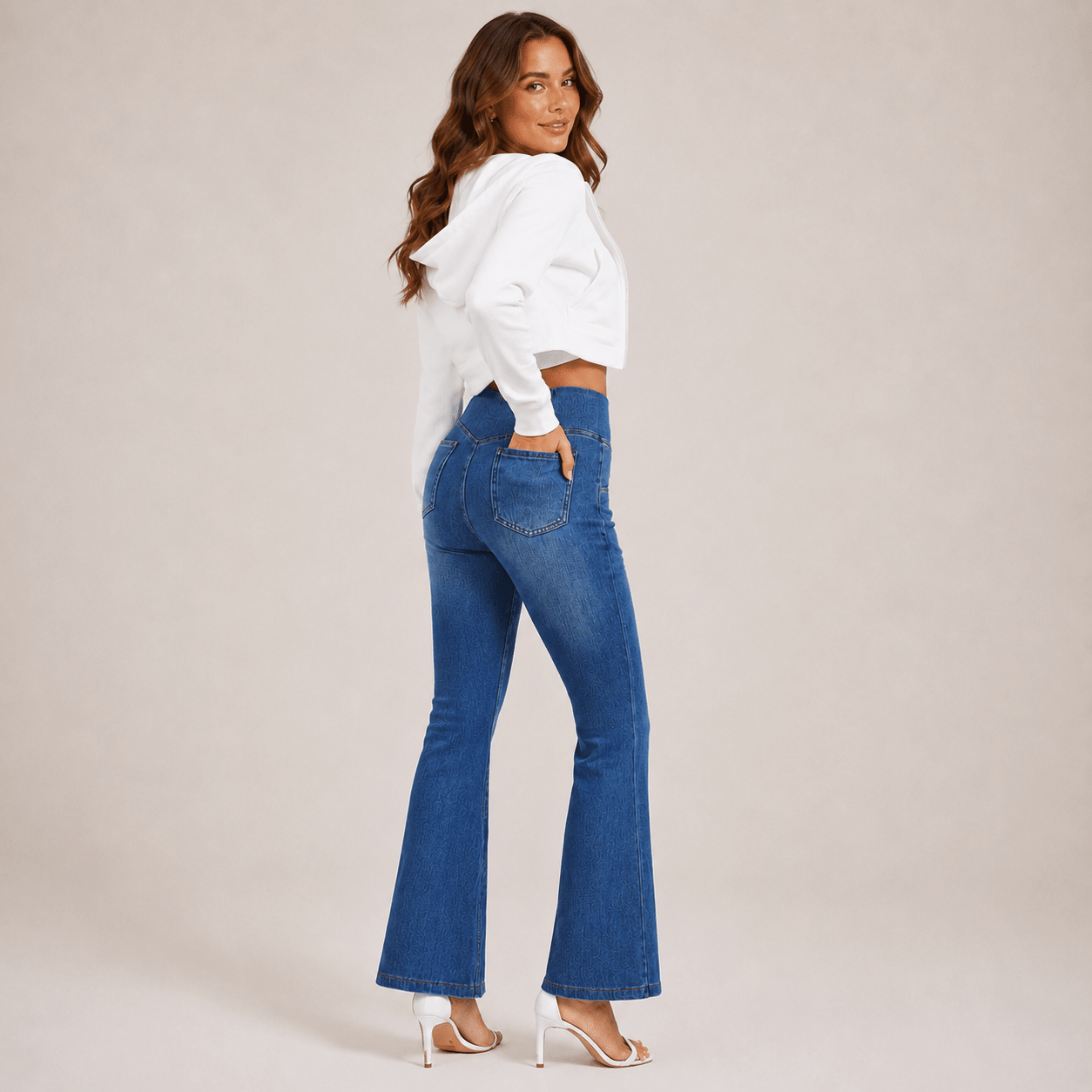 Women's Knit Denim Flare Pants - Pull-On Stretch Jeans Medium Blue by MAGCOMSEN