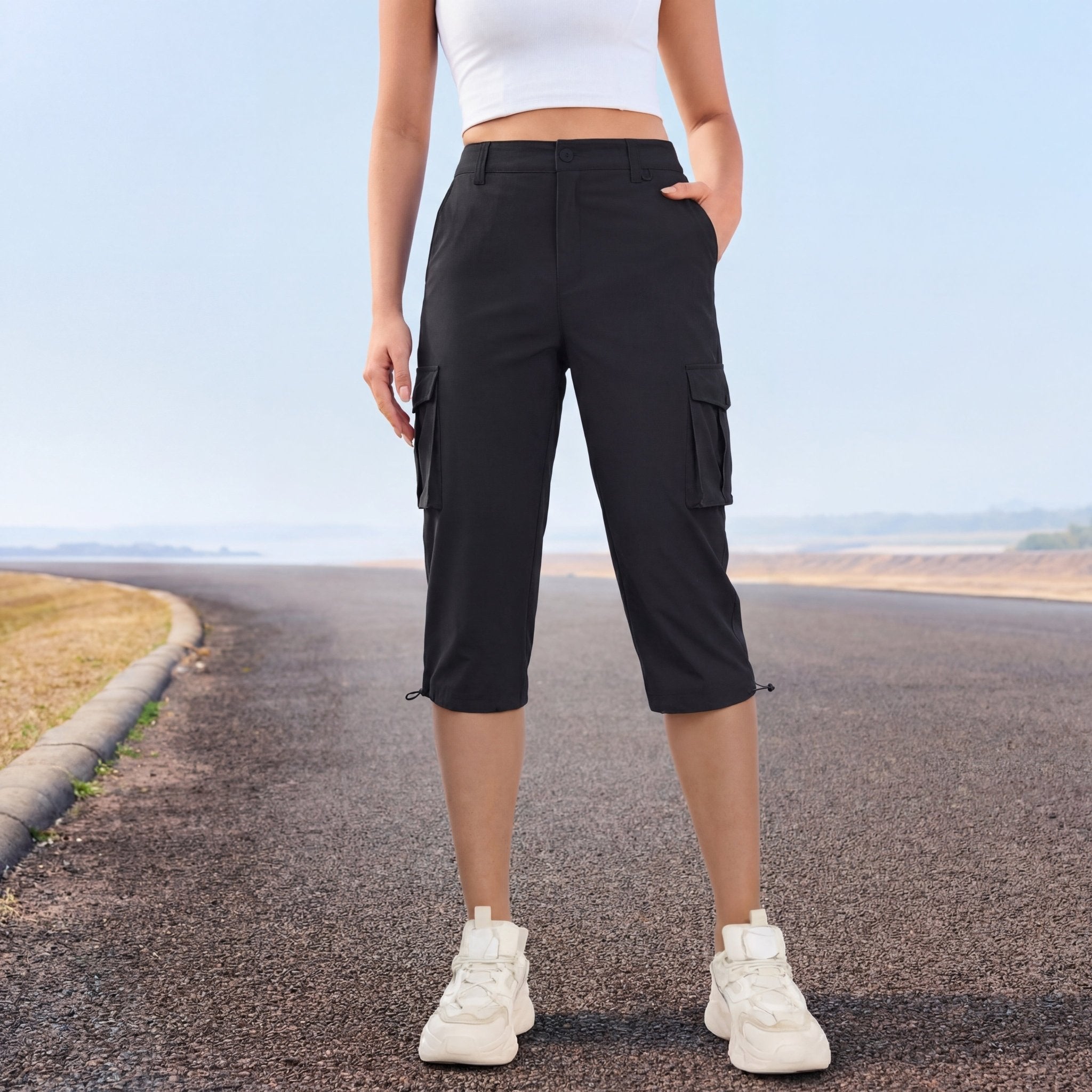 Women's Lightweight Cargo Capris with 6 Pockets Light Grey by MAGCOMSEN #Color_Black