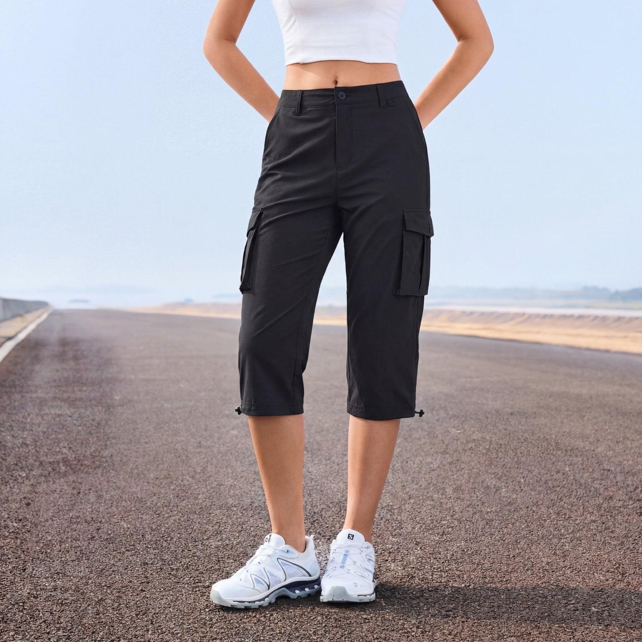 Women's Lightweight Cargo Capris with 6 Pockets Light Grey by MAGCOMSEN #Color_Black
