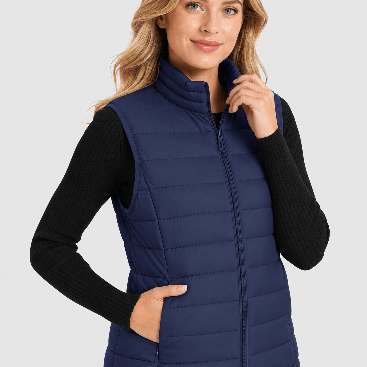 Navy MAGCOMSEN Women's Lightweight Puffer Vest with 4 Pockets & Stand Collar in #Color_Navy