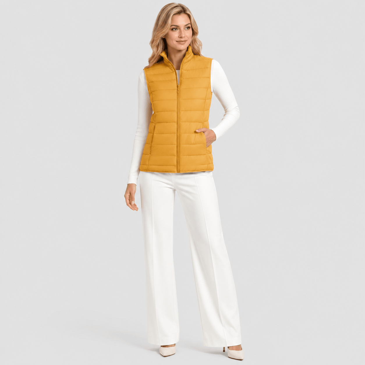 Yellow MAGCOMSEN Women's Lightweight Puffer Vest with 4 Pockets & Stand Collar in #Color_Yellow