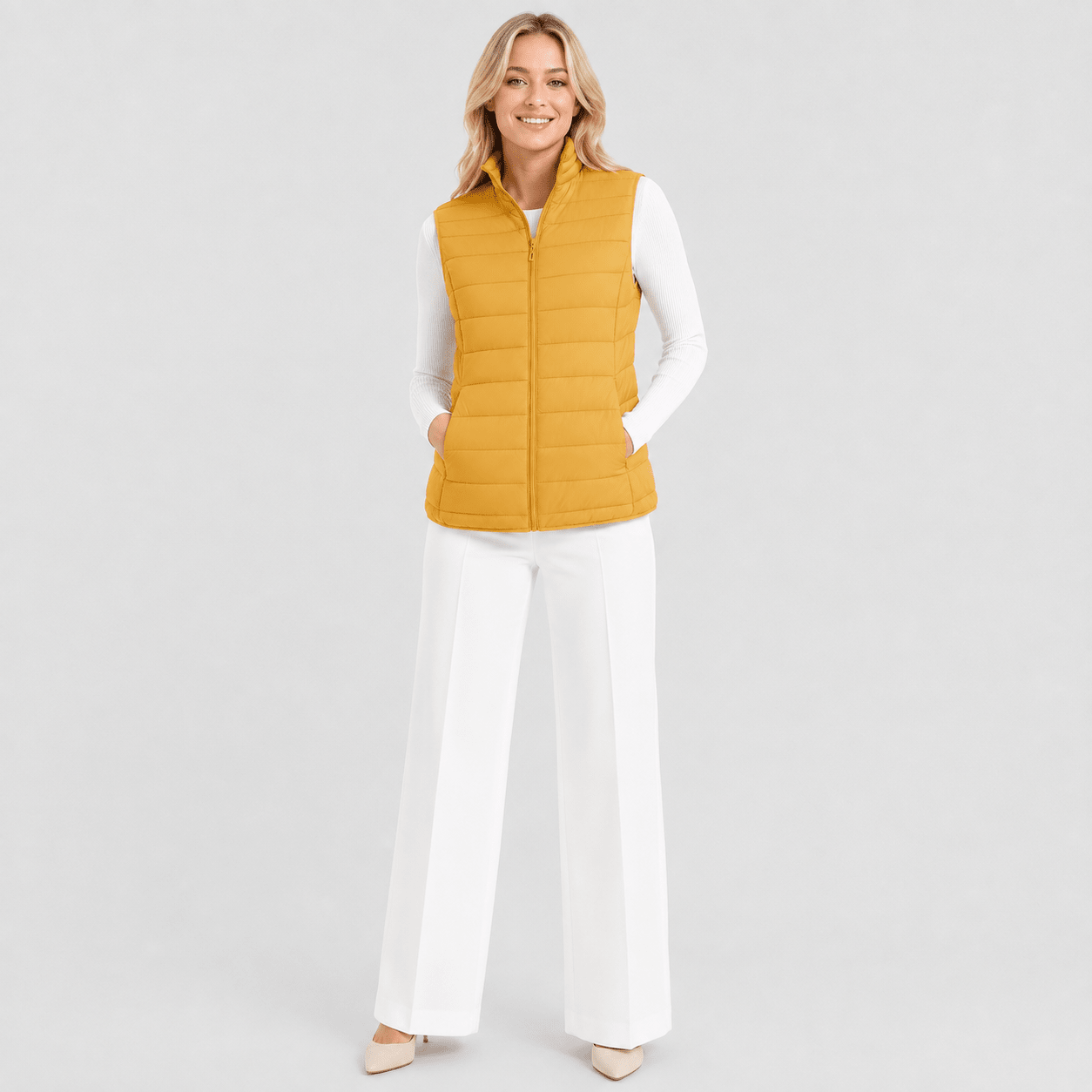 Yellow MAGCOMSEN Women's Lightweight Puffer Vest with 4 Pockets & Stand Collar in #Color_Yellow