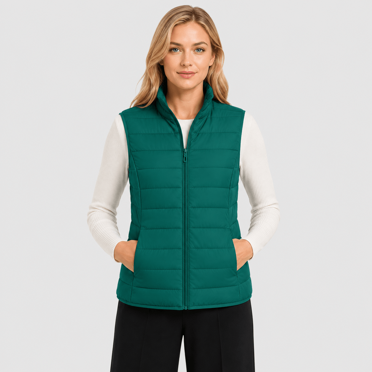 Emerald Green MAGCOMSEN Women's Lightweight Puffer Vest with 4 Pockets & Stand Collar in #Color_Emerald Green