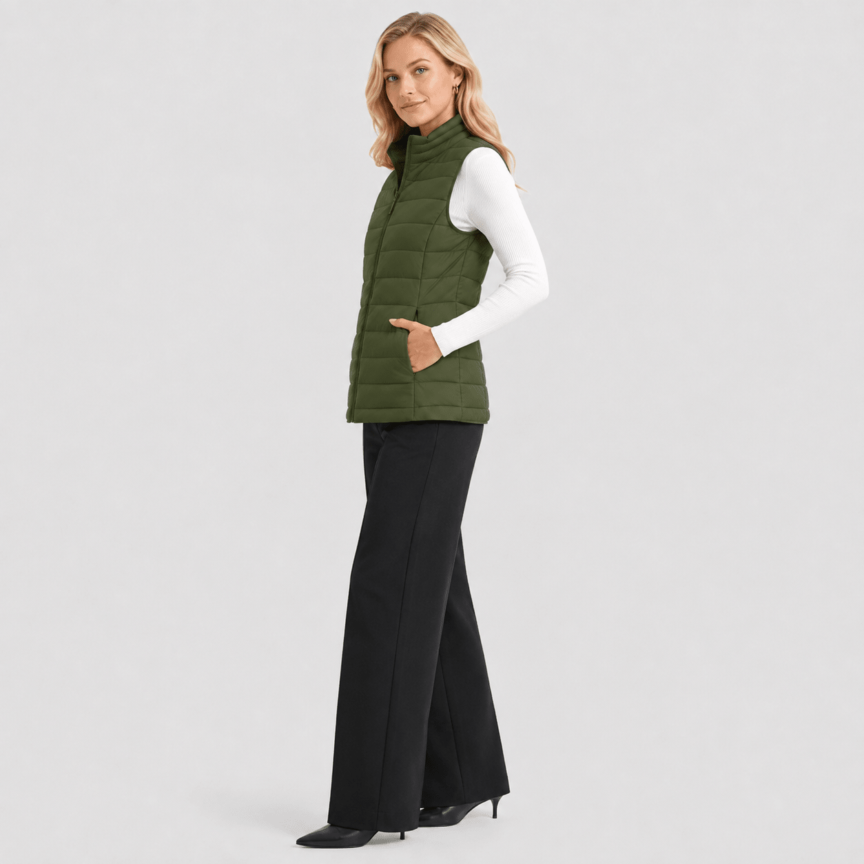 Army Green MAGCOMSEN Women's Lightweight Puffer Vest with 4 Pockets & Stand Collar in #Color_Army Green