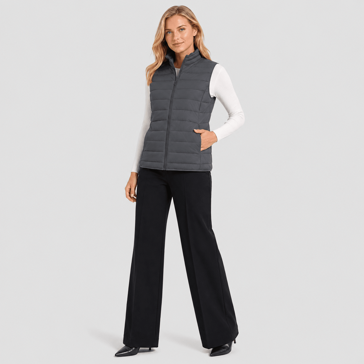 Dark Grey MAGCOMSEN Women's Lightweight Puffer Vest with 4 Pockets & Stand Collar in #Color_Dark Grey