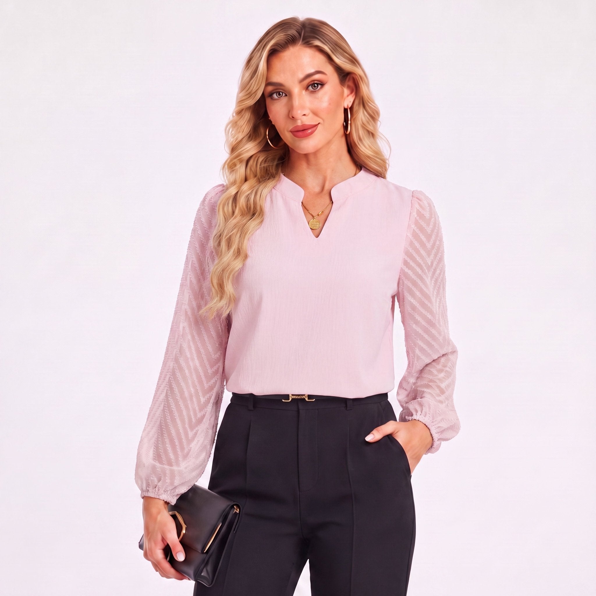 Women's Mixed-Media Chiffon Blouse - Lightweight Dressy Top Pink by MAGCOMSEN