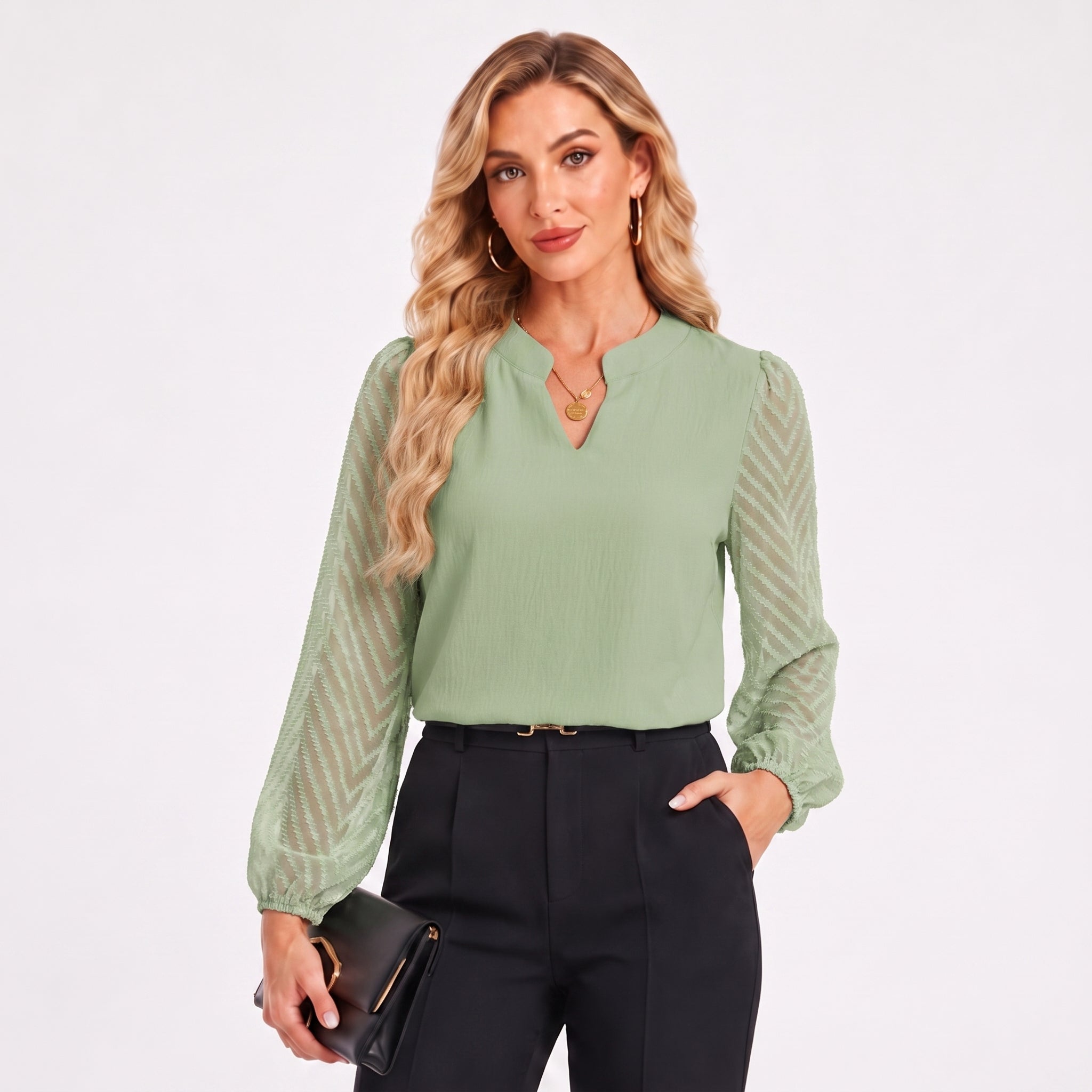 Women's Mixed-Media Chiffon Blouse - Lightweight Dressy Top Green by MAGCOMSEN