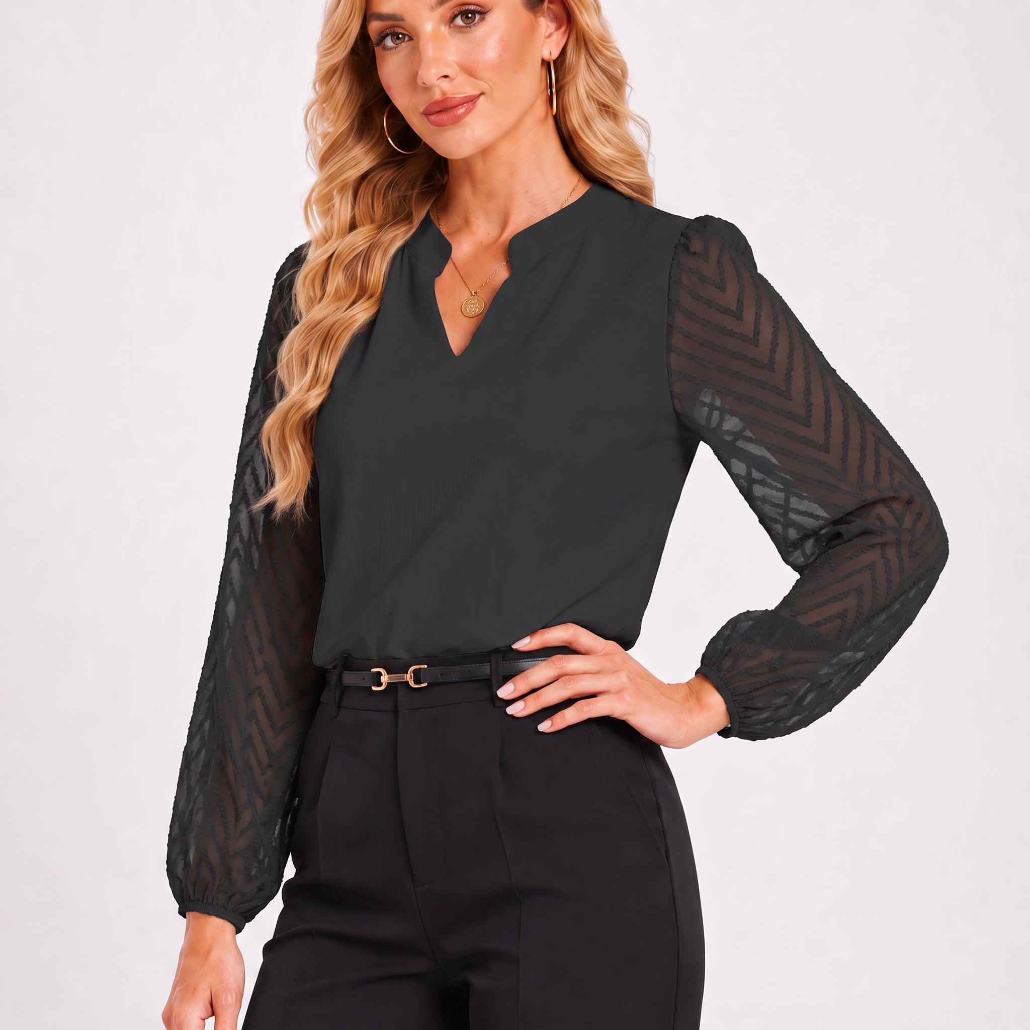 Women's Mixed-Media Chiffon Blouse - Lightweight Dressy Top Black by MAGCOMSEN