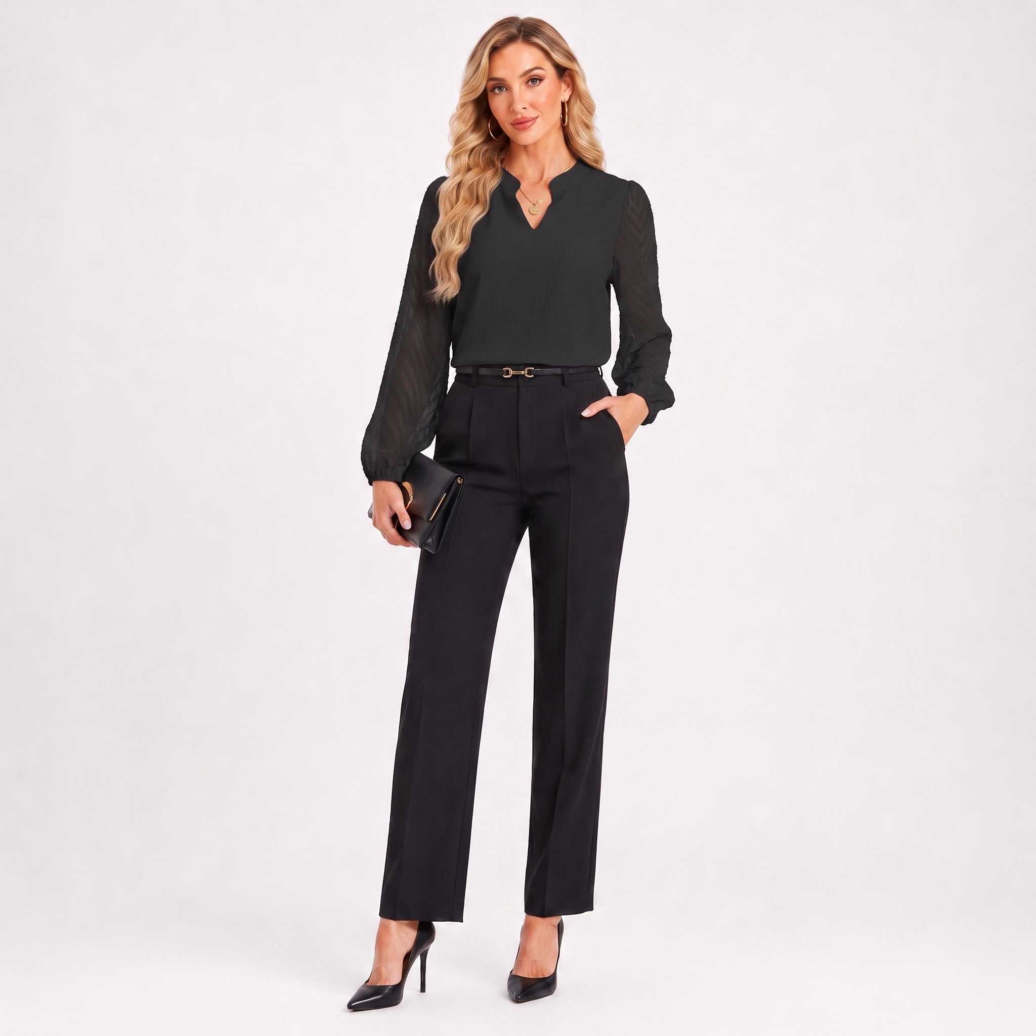 Women's Mixed-Media Chiffon Blouse - Lightweight Dressy Top Black by MAGCOMSEN