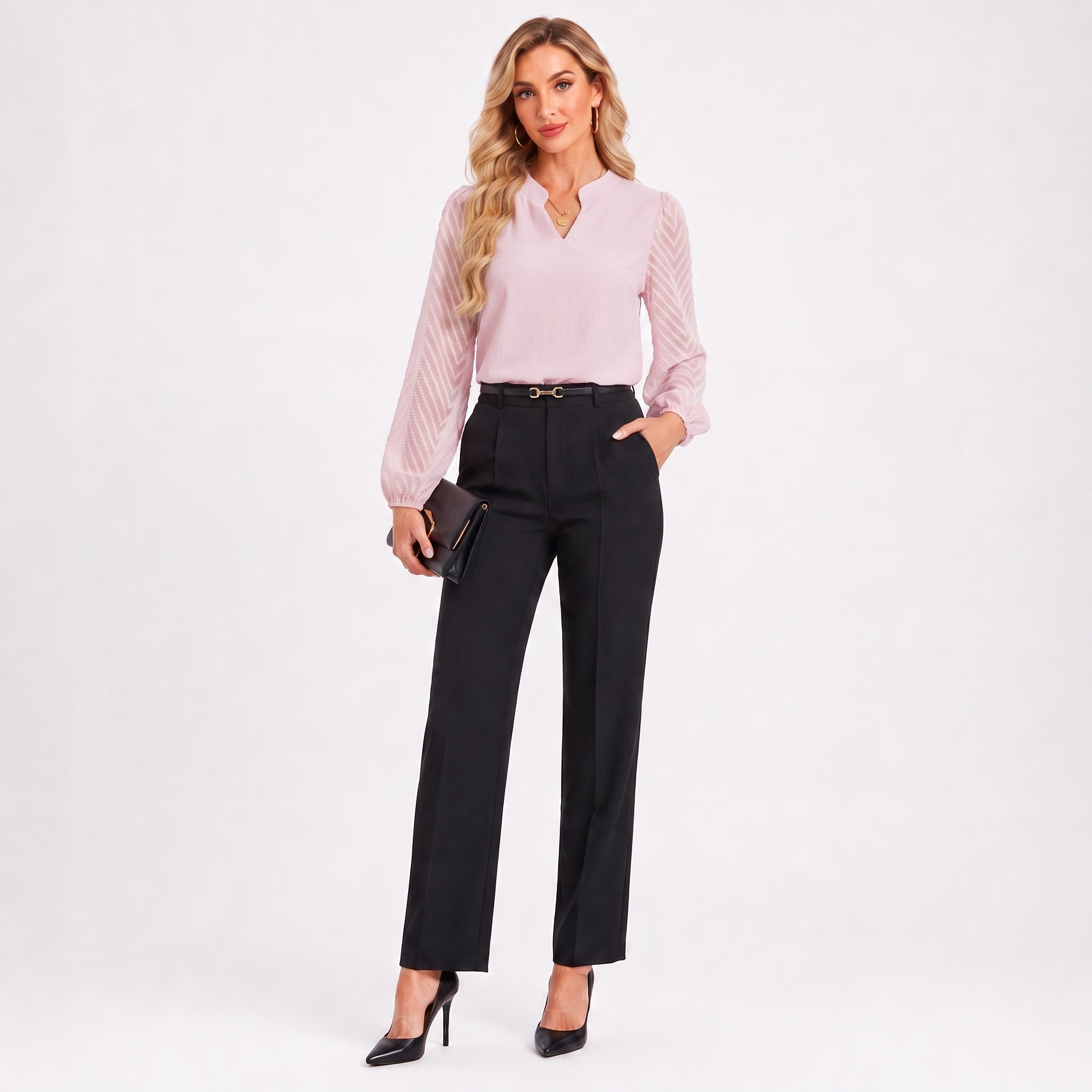 Women's Mixed-Media Chiffon Blouse - Lightweight Dressy Top Pink by MAGCOMSEN