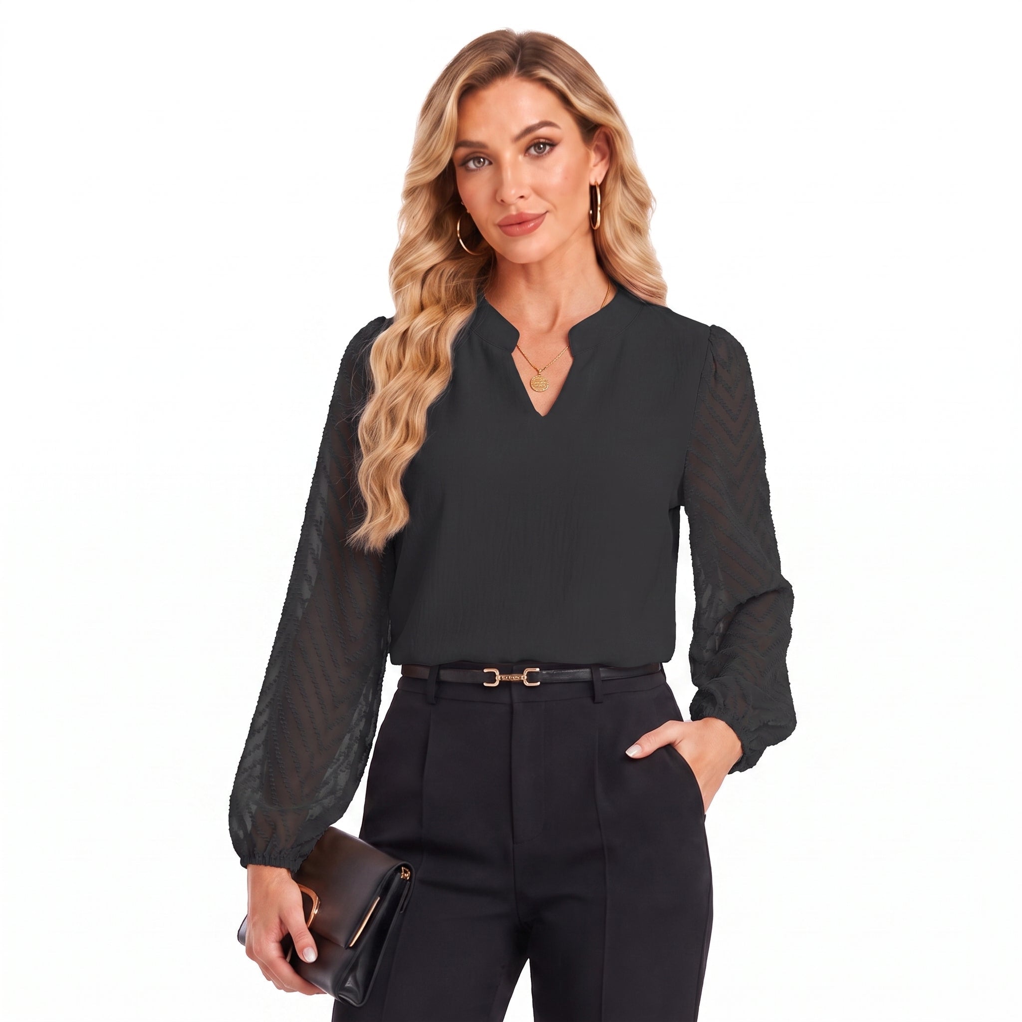 Women's Mixed-Media Chiffon Blouse - Lightweight Dressy Top Black by MAGCOMSEN