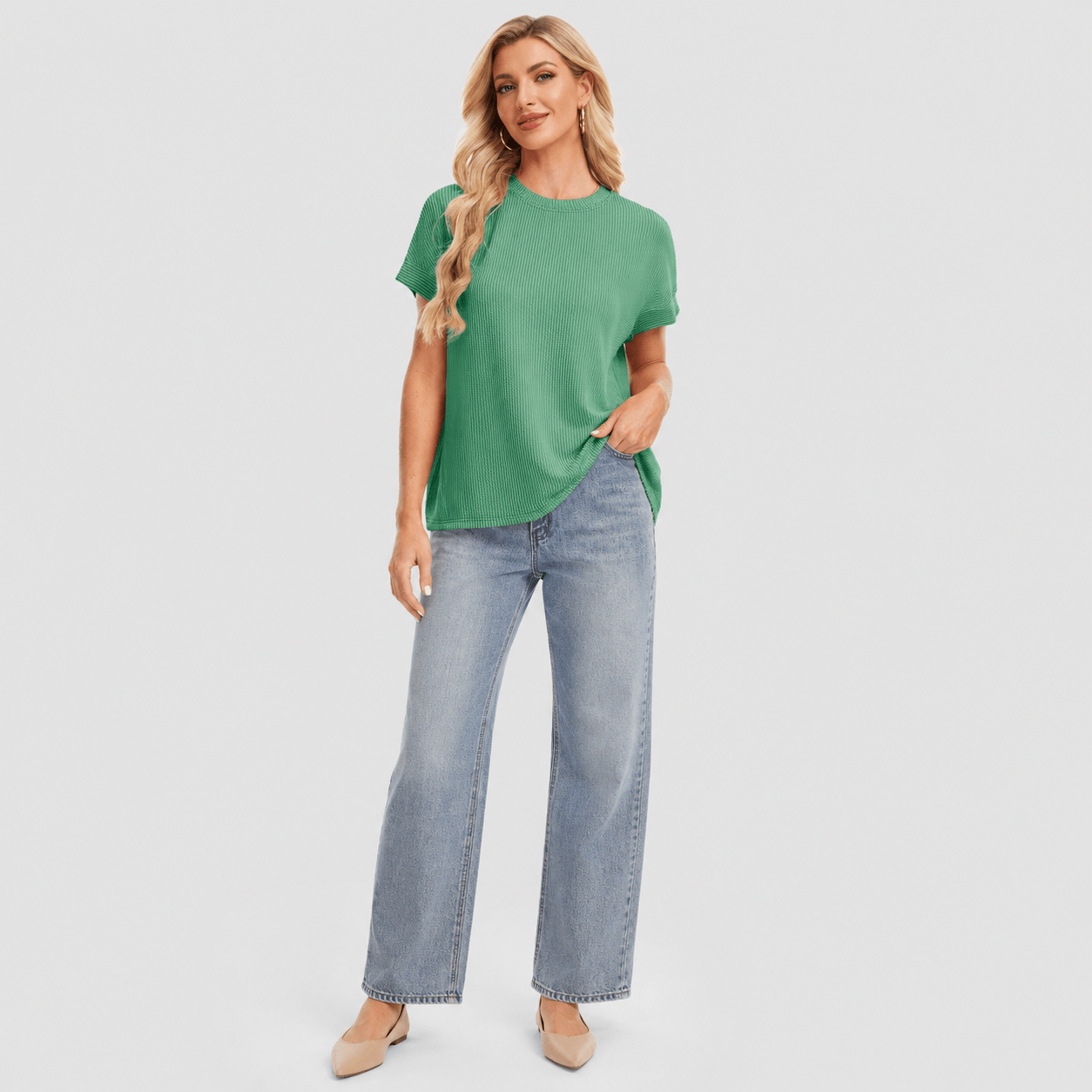 Women's Textured Short Sleeve Top - Lightweight Everyday Tee Green by MAGCOMSEN