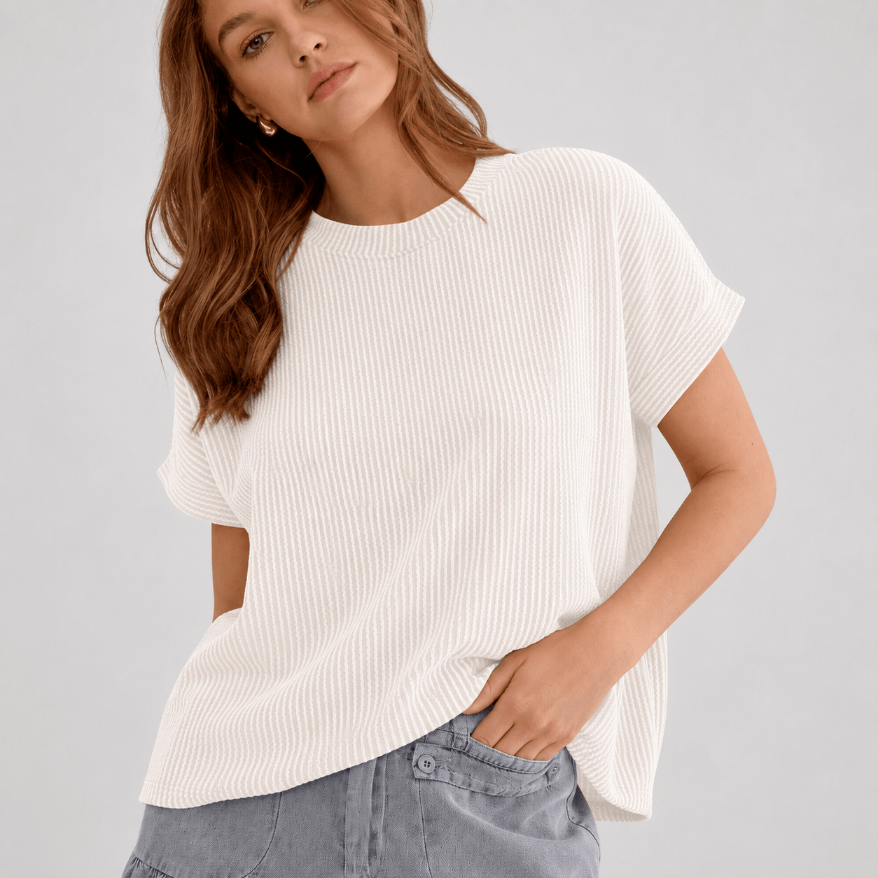 Women's Textured Short Sleeve Top - Lightweight Everyday Tee White by MAGCOMSEN
